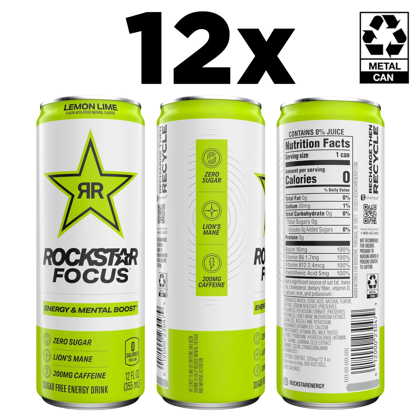 Rockstar Focus  Lemon Lime  12 Fl Oz Cans (Pack of 12)