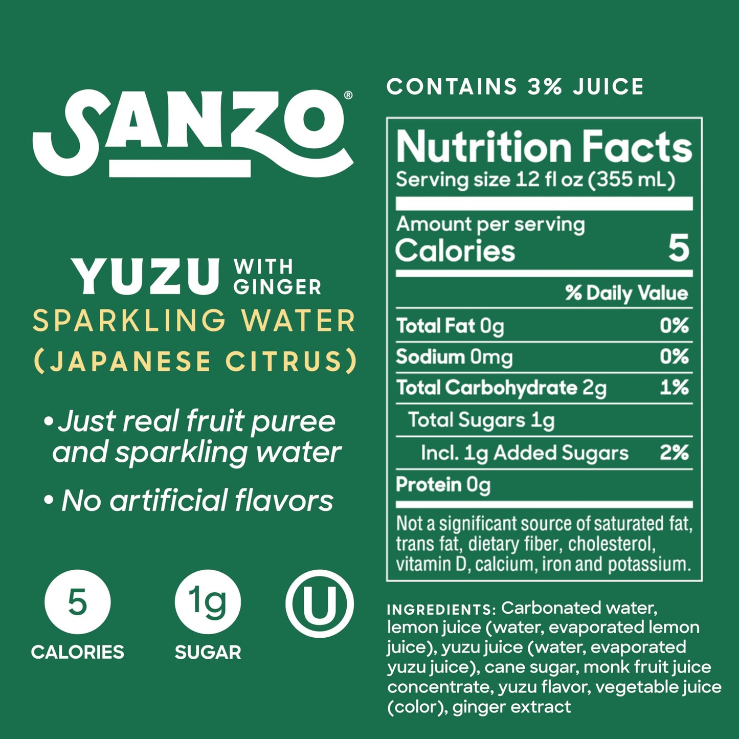 Sanzo Flavored Sparkling Water - Yuzu (Lemon) 12-Pack - Carbonated Drink Made With Real Fruit  Sugar-Free - Non-Gmo, Gluten-Free