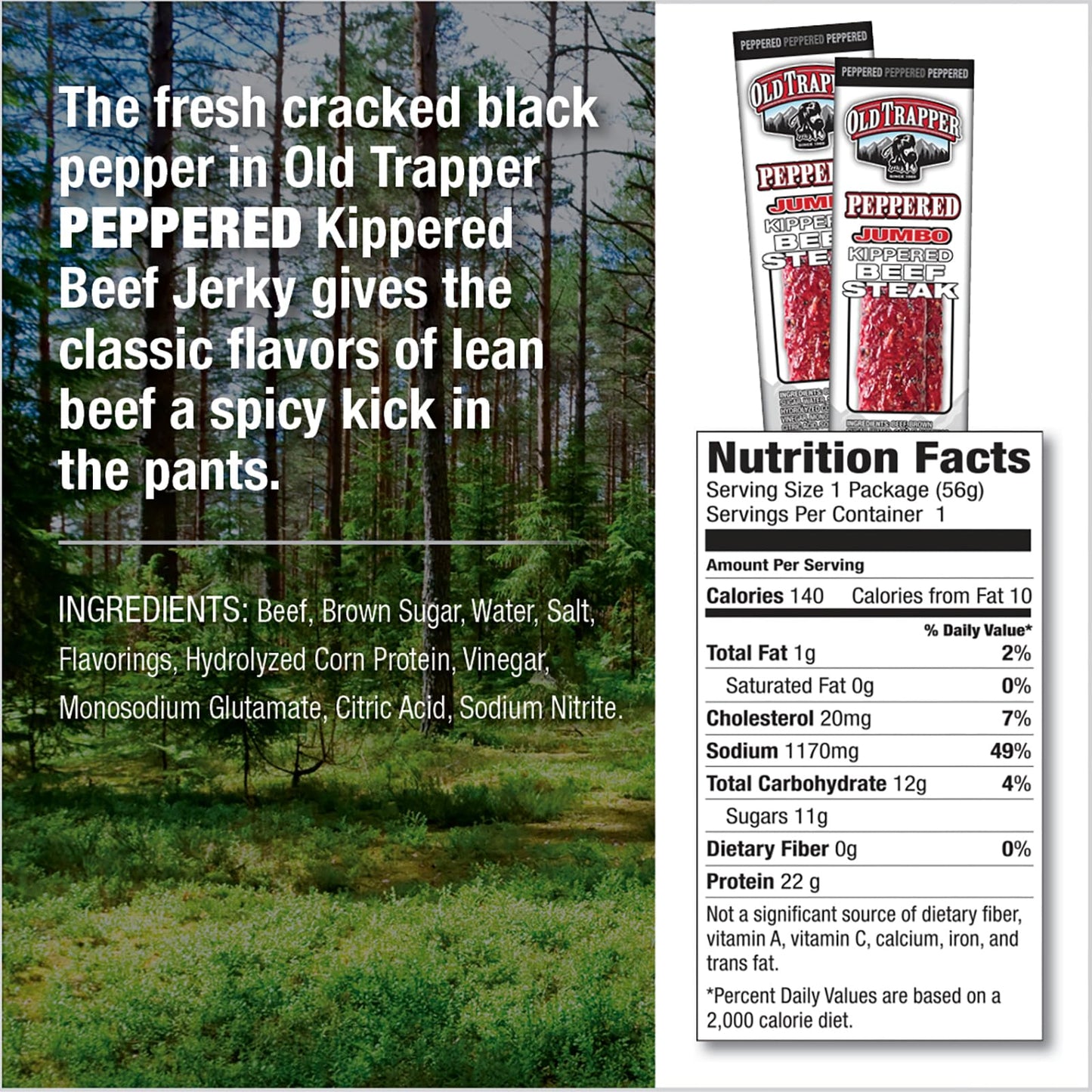 Old Trapper Kippered Steak, Peppered Flavor, Two-Ounce Individually Wrapped Packages, Spicy Meat Snack for Between Meal Bites, 2