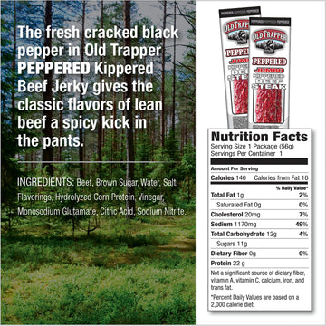 Old Trapper Kippered Steak, Peppered Flavor, Two-Ounce Individually Wrapped Packages, Spicy Meat Snack for Between Meal Bites, 2