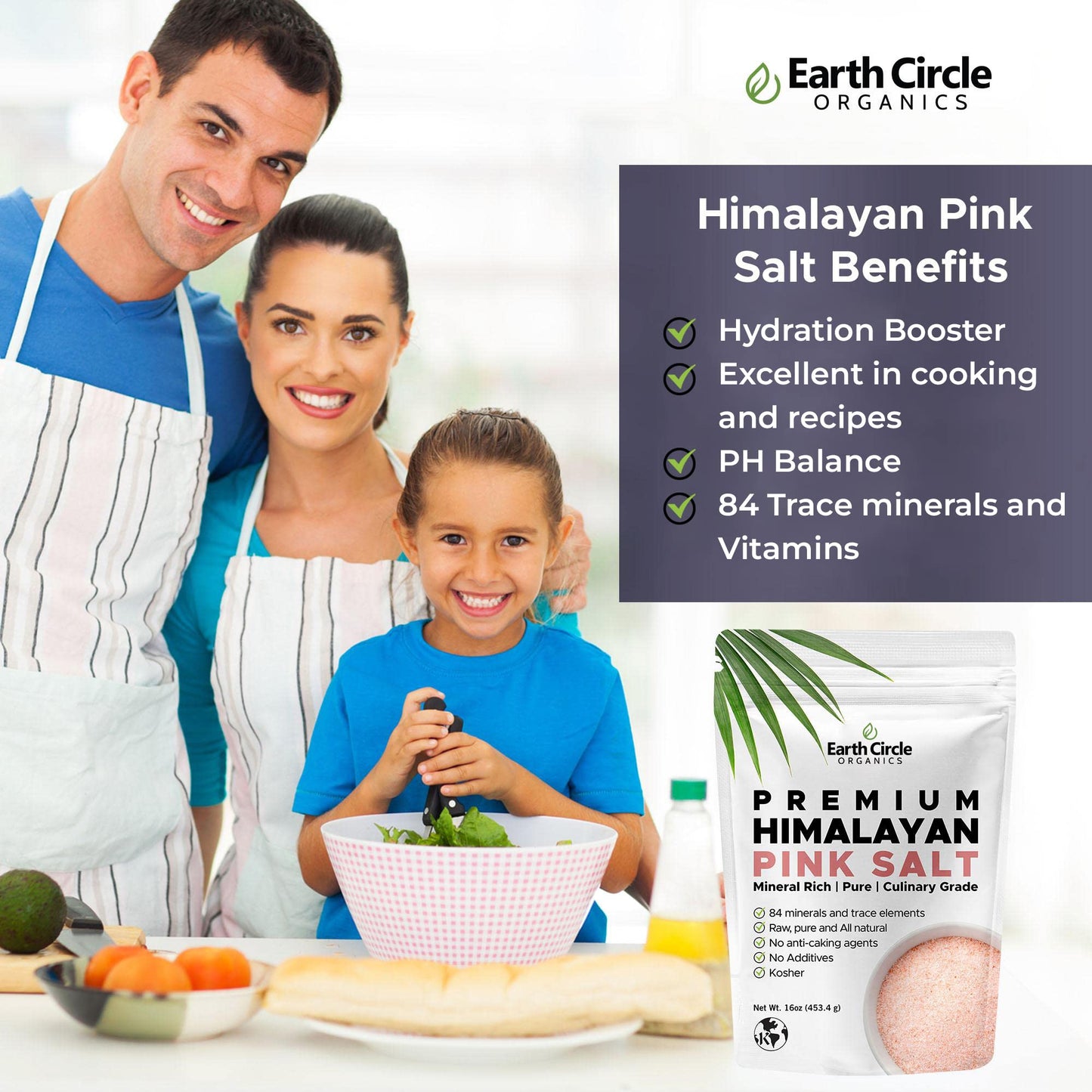 Earth Circle Organics Himalayan Pink Fine Grain Salt - Pure Culinary Grade, Raw, Kosher - 6 Pounds (1 Pound Pack of 6)