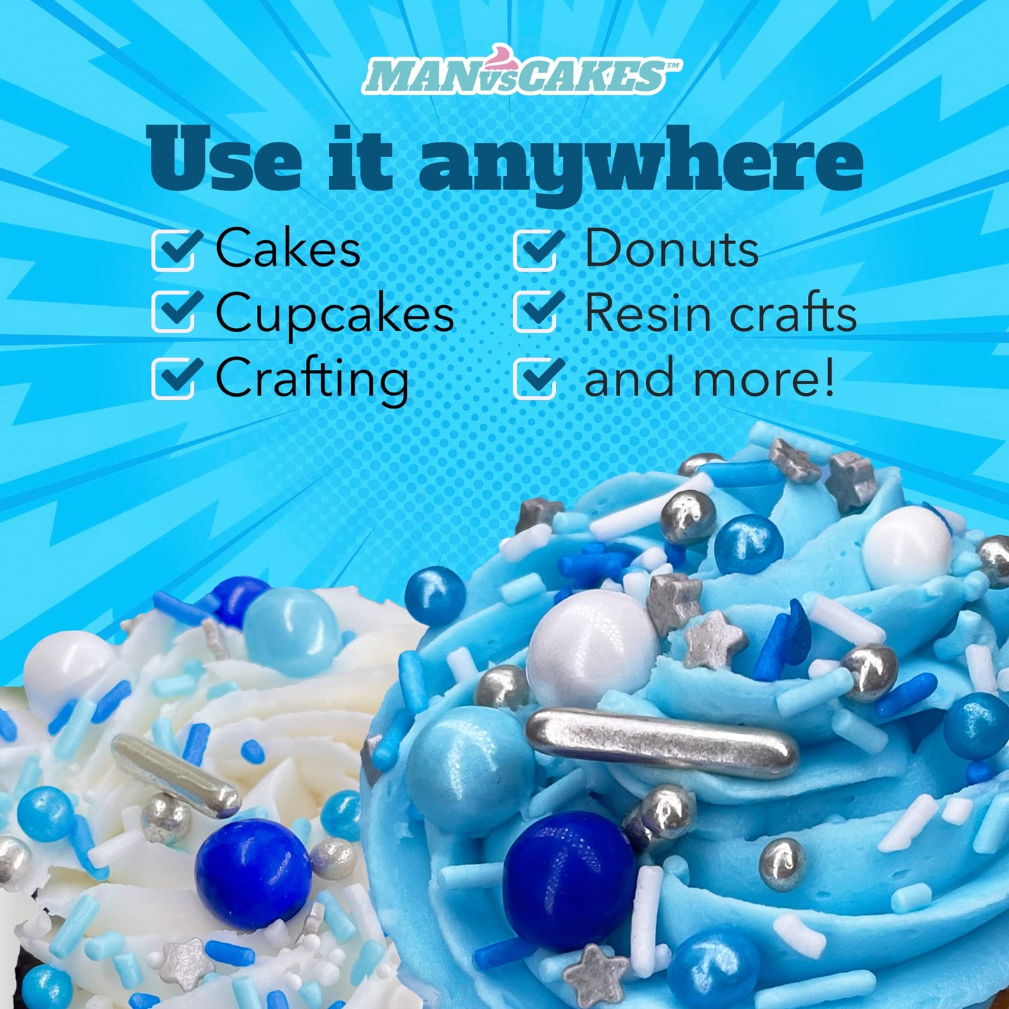 Manvscakes Edible Cake and Cupcake Sprinkles, Metallic Mix, 4 oz, Blue/Red