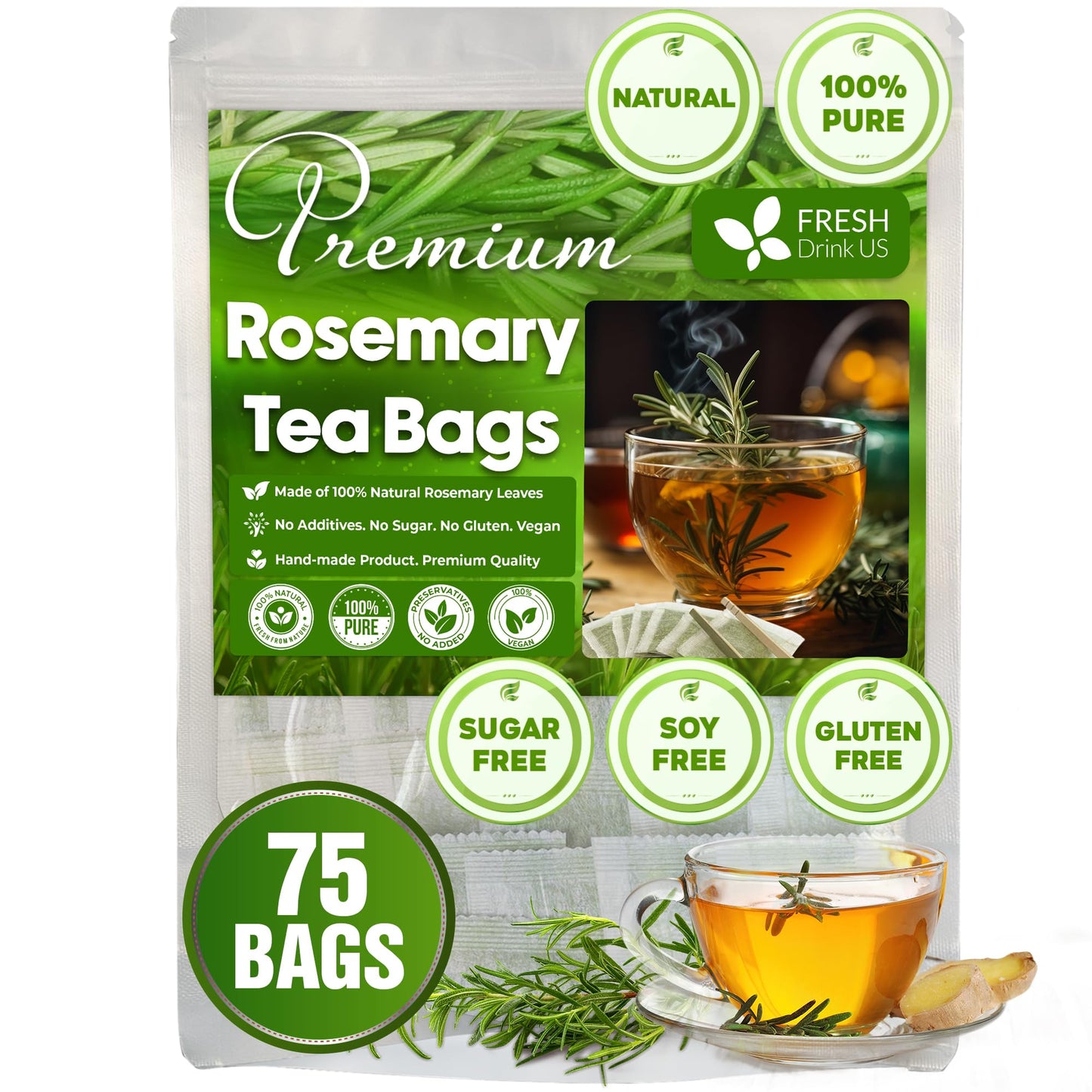 FRESHDRINKUS Rosemary Leaf Tea Bags, 100% Natural Herbal Tea, 75 Bags, Caffeine-Free, Vegan