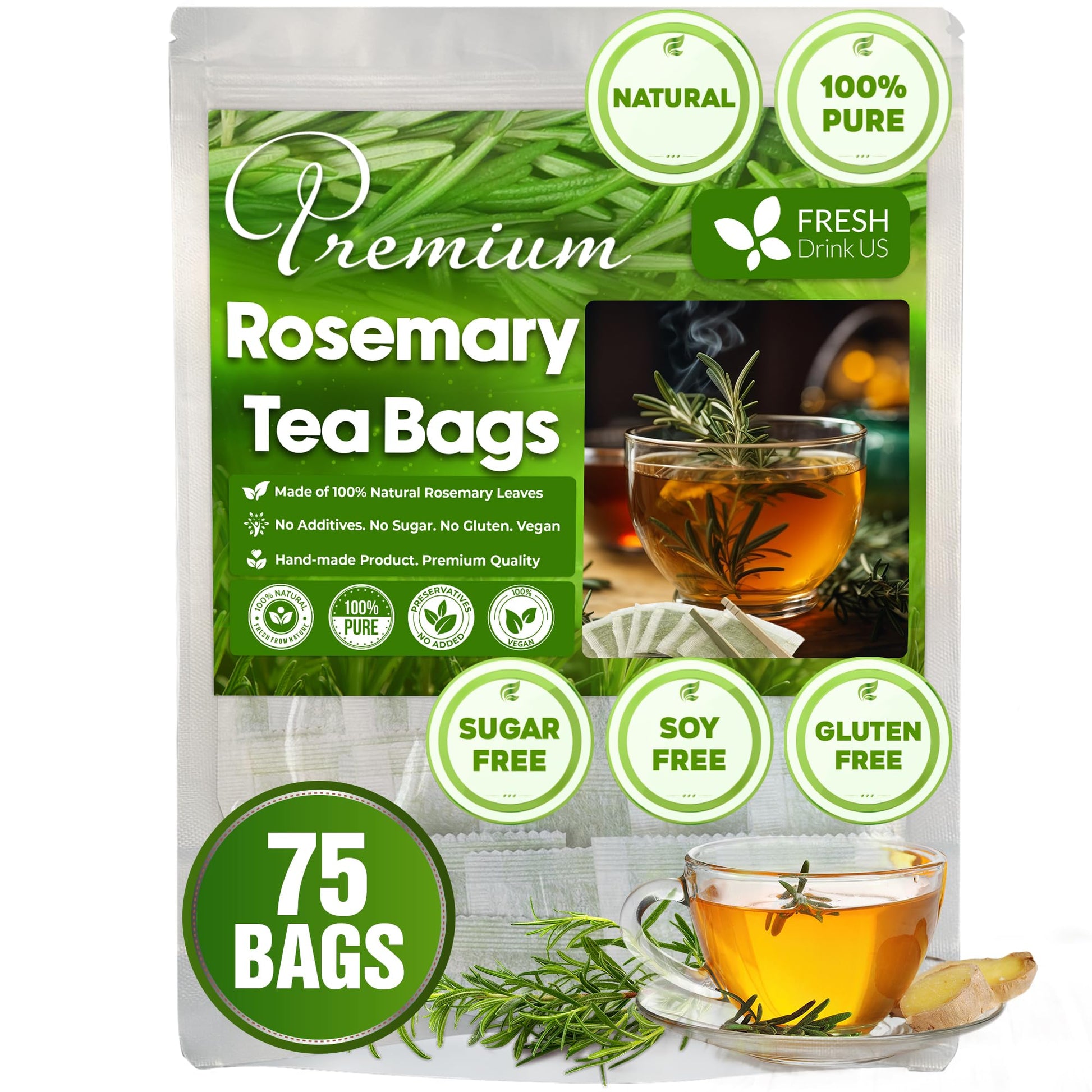 FRESHDRINKUS Rosemary Leaf Tea Bags, 100% Natural Herbal Tea, 75 Bags, Caffeine-Free, Vegan
