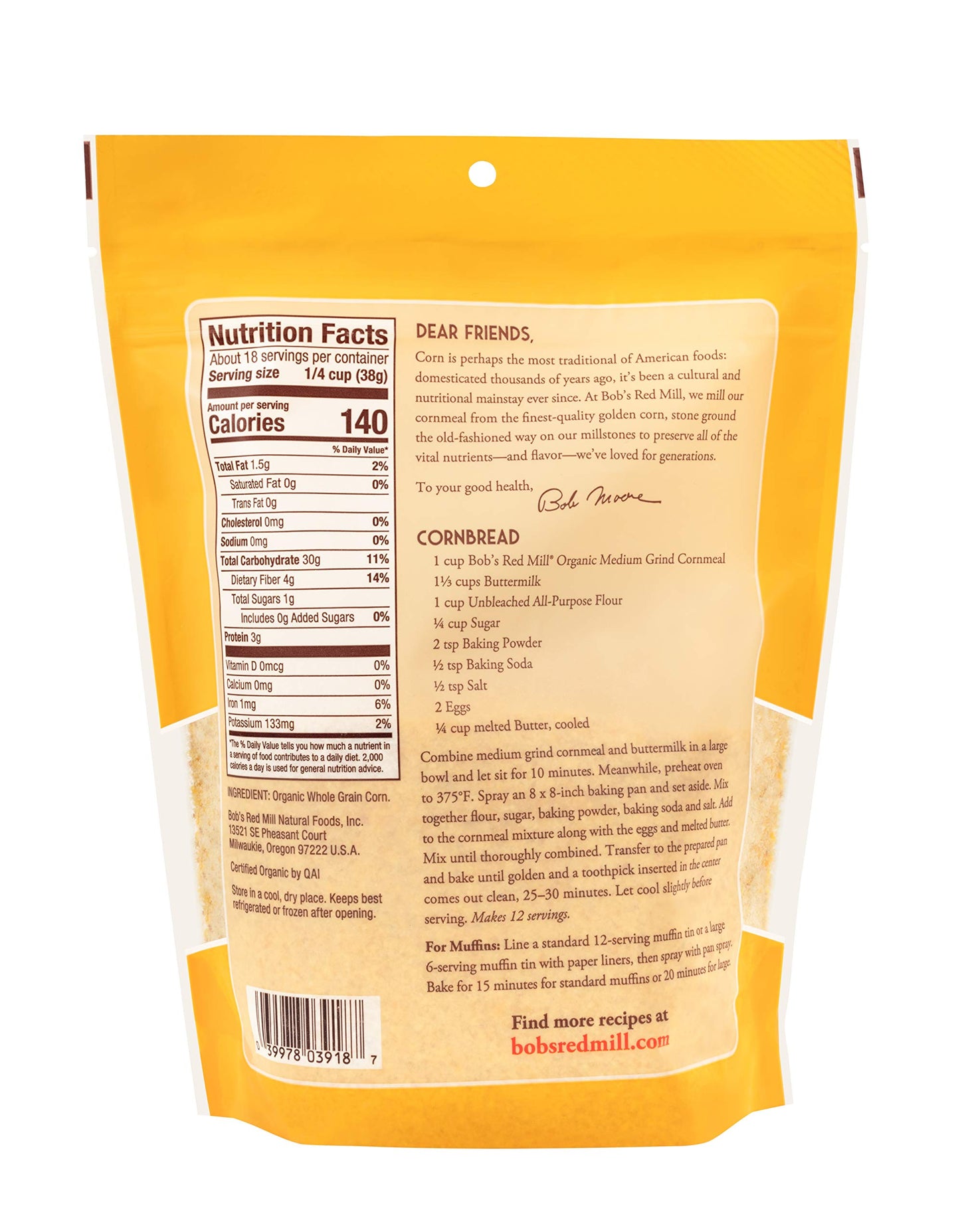 Bobs Red Mill Organic Medium Grind Cornmeal, 24oz (Pack of 1) - Non GMO, Whole Grain, Vegan, Kosher