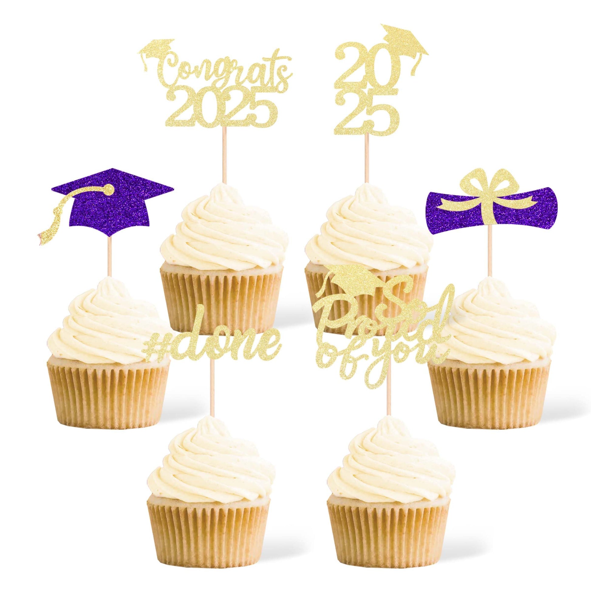 36 Pcs Class of 2025 Graduation Cupcake Toppers, Gold & Purple Glitter Double-Sided Grad Cap Cake Picks for Party Supplies, 2025