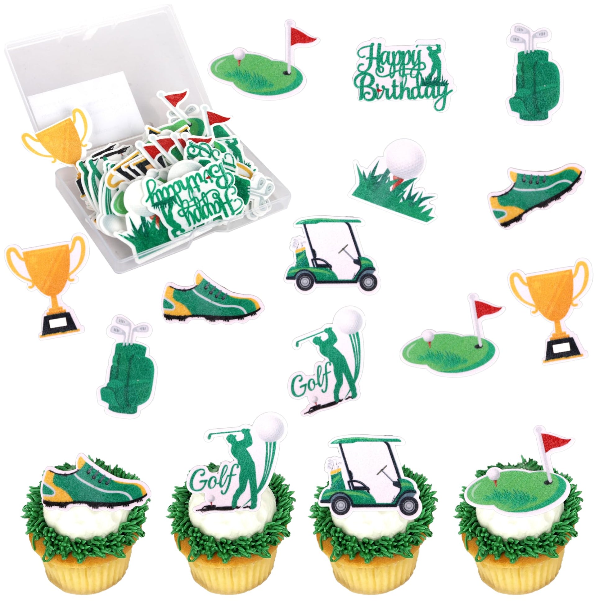 56 PCS Edible Golf Cupcake Toppers Wafer Paper Trophy Lawn Golf Shoes Bag Ball Carts Cupcake Picks Edible Golf Cake Decorations 