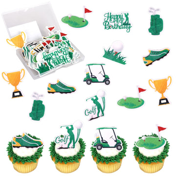 56 PCS Edible Golf Cupcake Toppers Wafer Paper Trophy Lawn Golf Shoes Bag Ball Carts Cupcake Picks Edible Golf Cake Decorations 