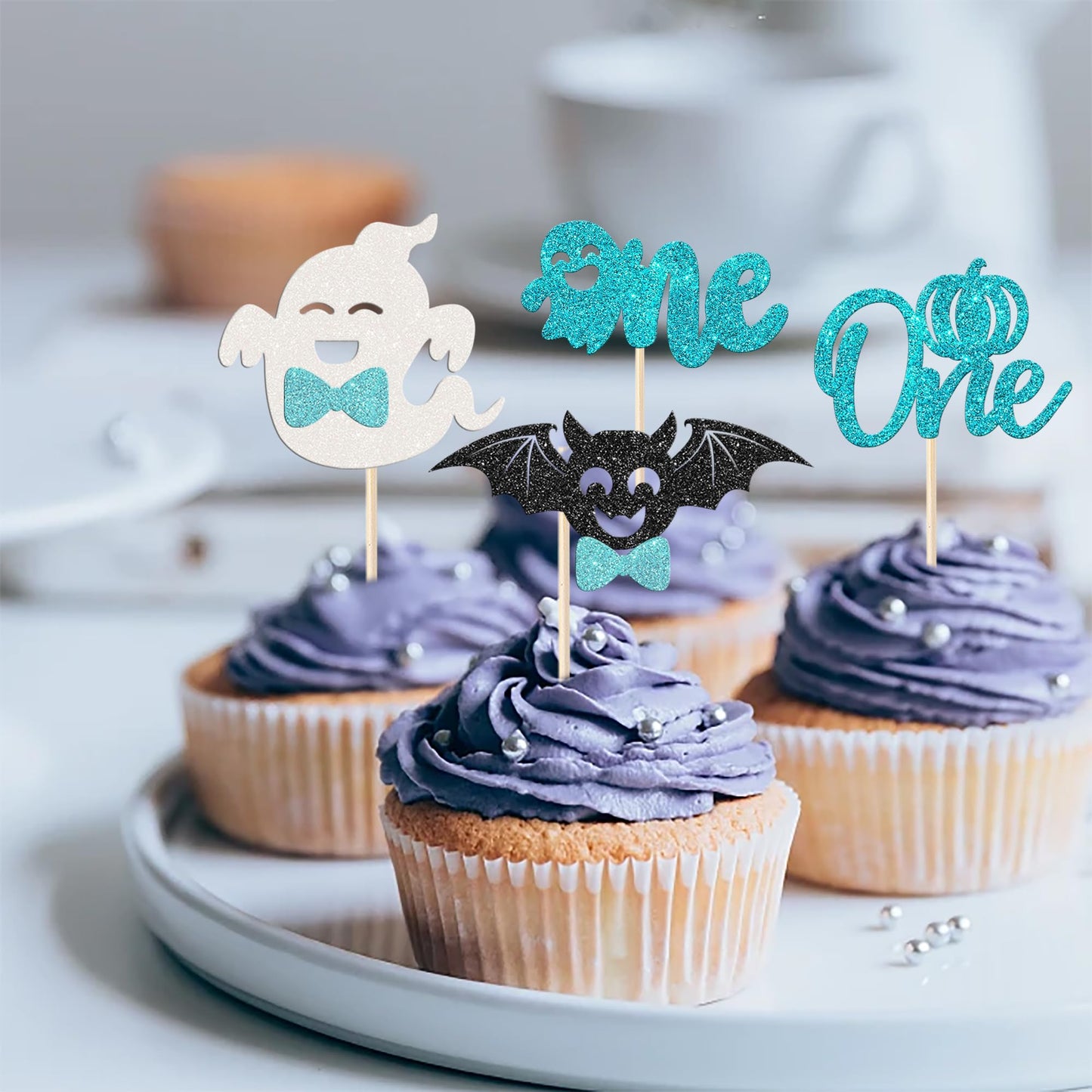 Rssta i Cupcake Toppers 30 Pack Glitter Ghost Bat Spider Pumpkin for Halloween Baby Shower 1st Birthday Cake Decorations Design 13 Blue