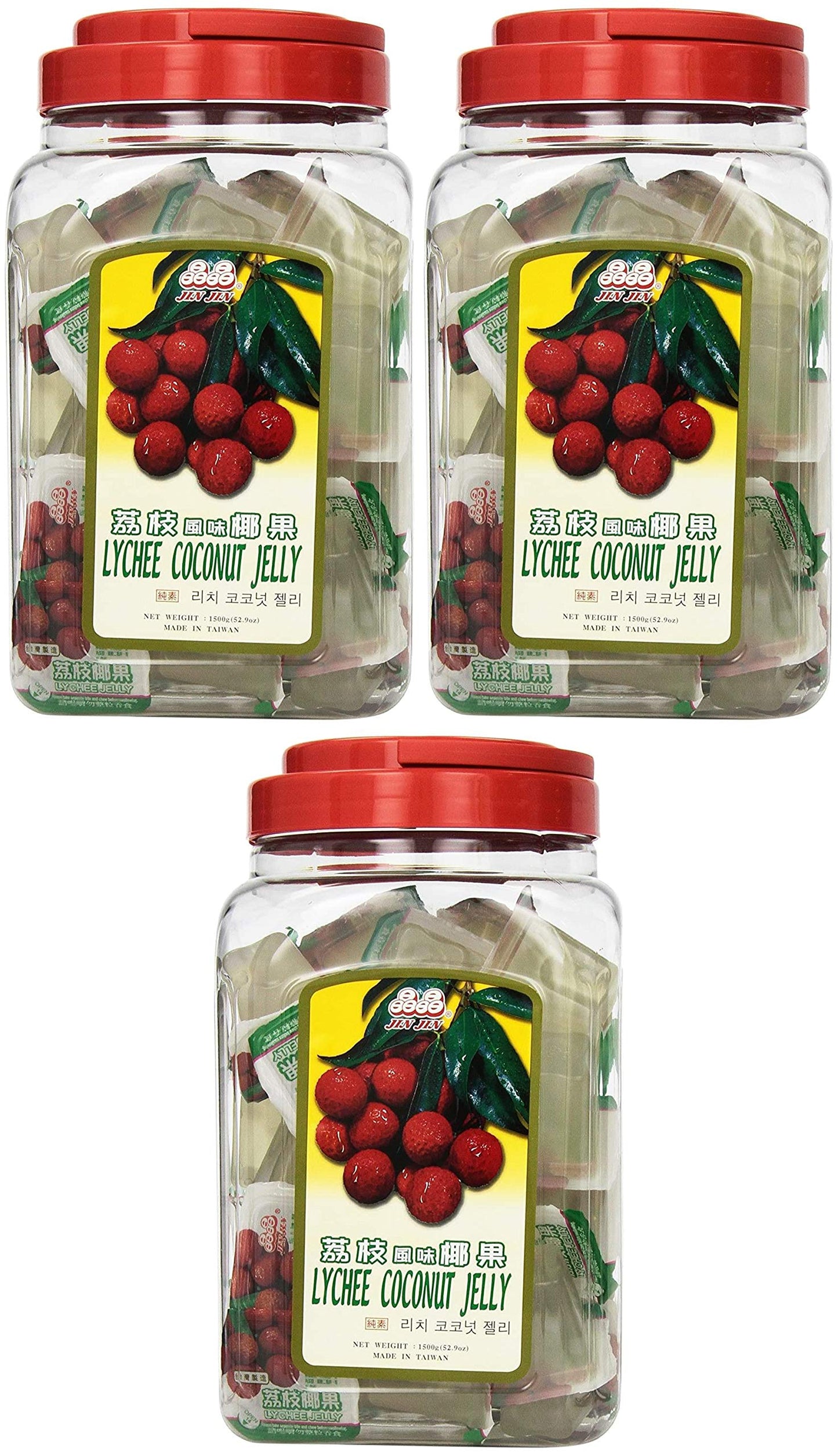 Jin Jin Lychee Coconut Jelly Cups - 52.9 oz Jar (Approx. 40 Cups) - Fruity Asian Snack with Nata de Coco - Fat-Free, Individuall