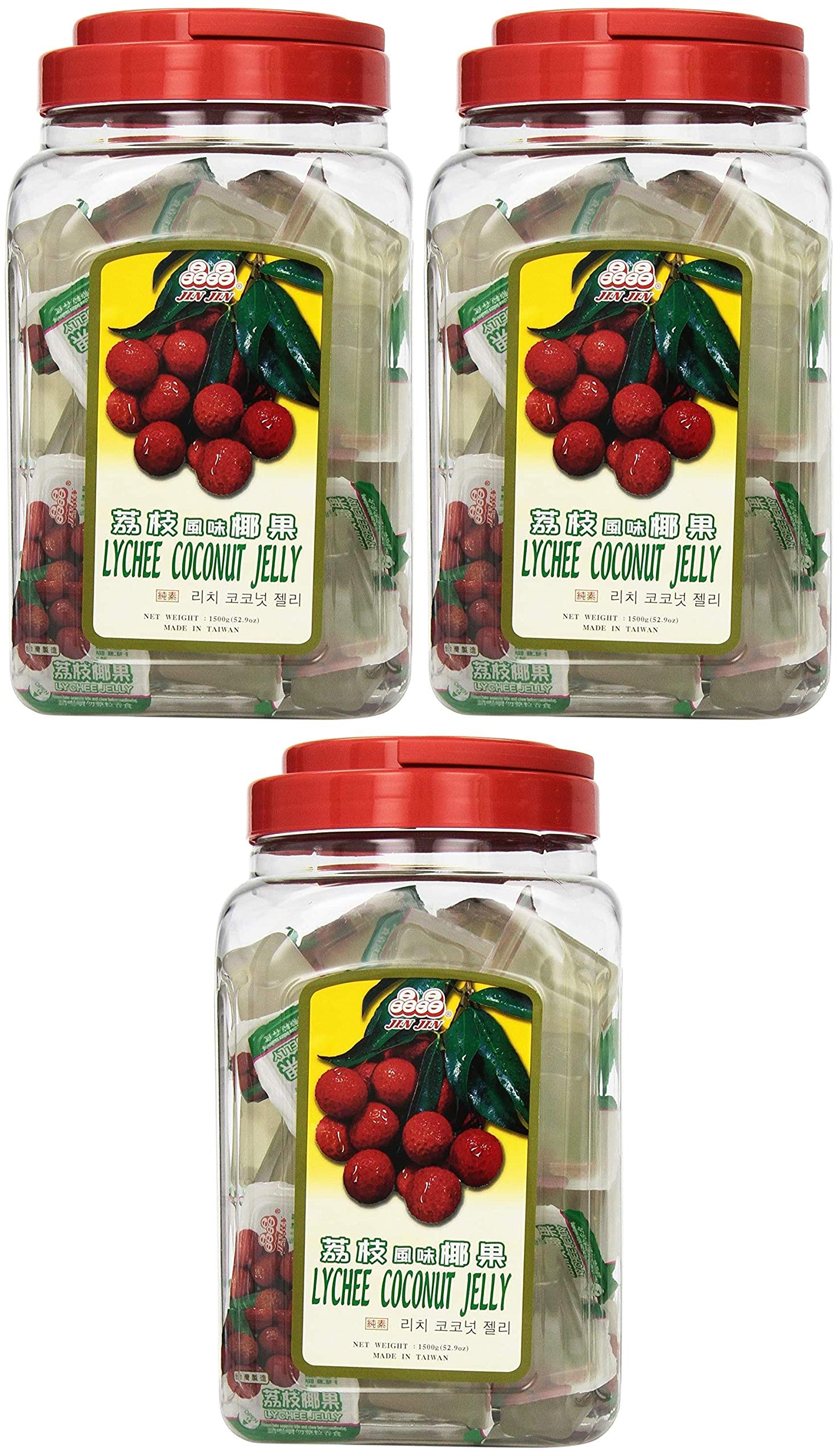 Jin Jin Lychee Coconut Jelly Cups - 52.9 oz Jar (Approx. 40 Cups) - Fruity Asian Snack with Nata de Coco - Fat-Free, Individuall