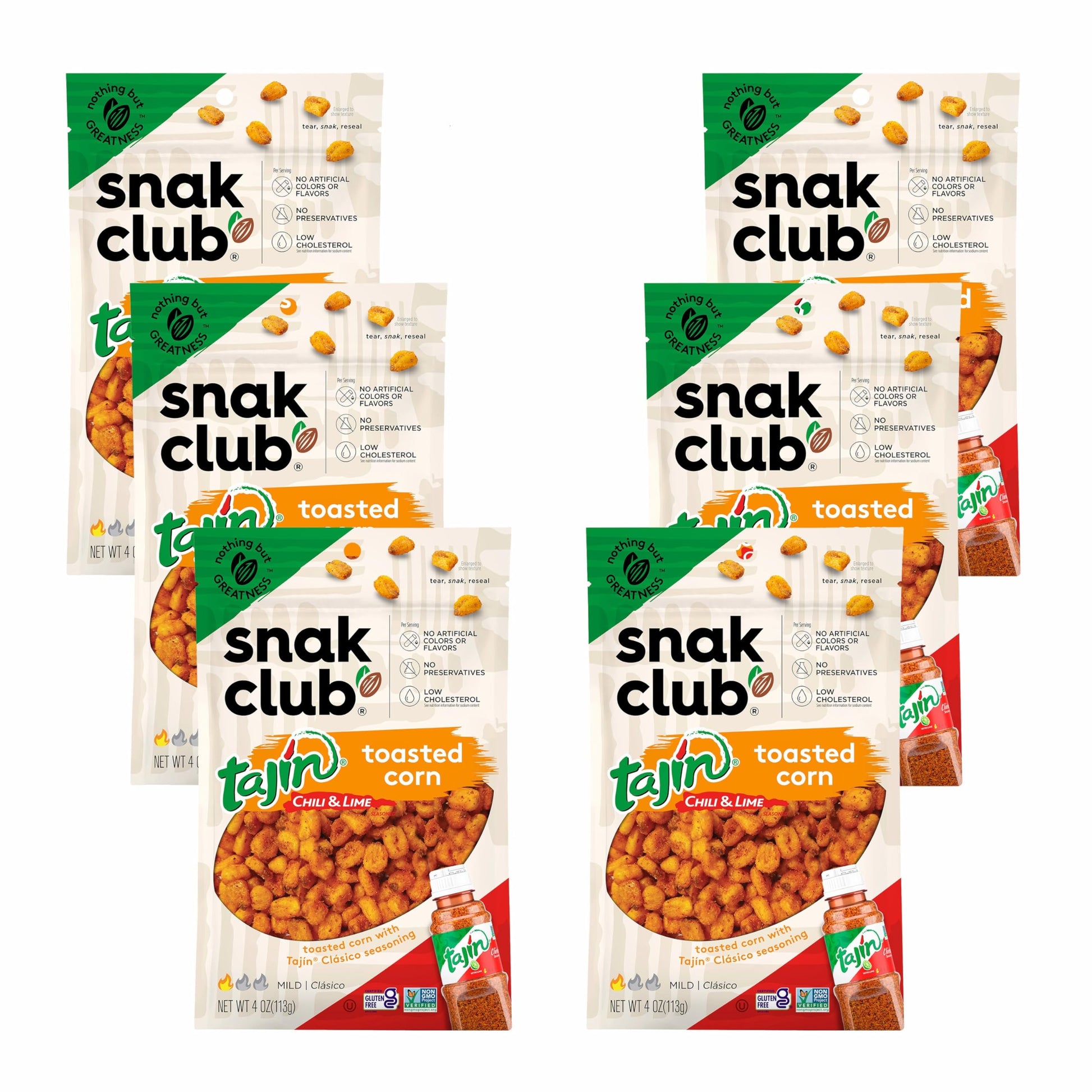 Snak Club Toasted Corn Nuggets with Chili and Lime, Non-GMO, Gluten-Free, 4 oz (Pack of 6), Orange Label