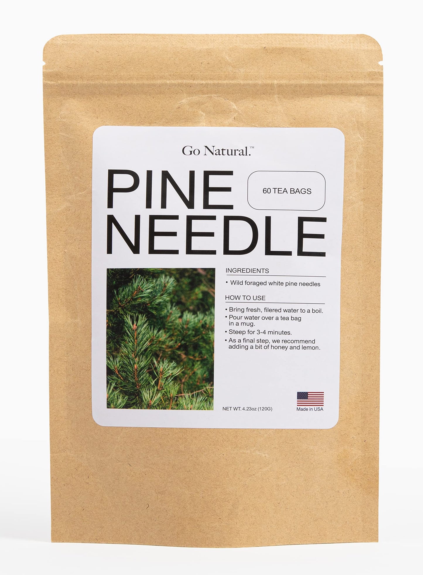 Go Natural Pine Needle Tea - Wild-Foraged, Antioxidant-Rich, 60 Count (Pack of 1)