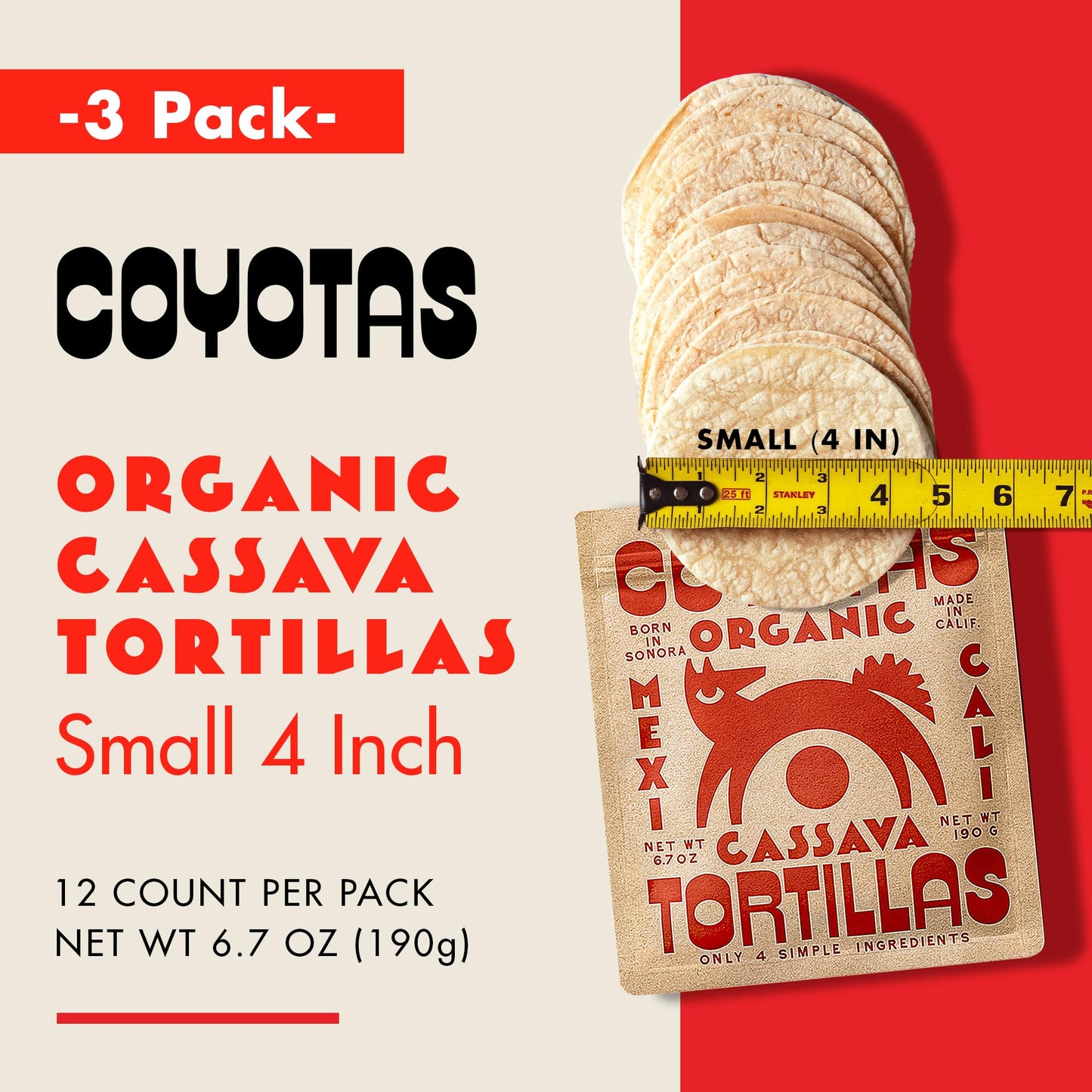 Coyotas Organic Cassava Tortillas - Grain-Free, Gluten-Free, Vegan, Paleo - 12 Small 4 Inch Tortillas (3 Packs)