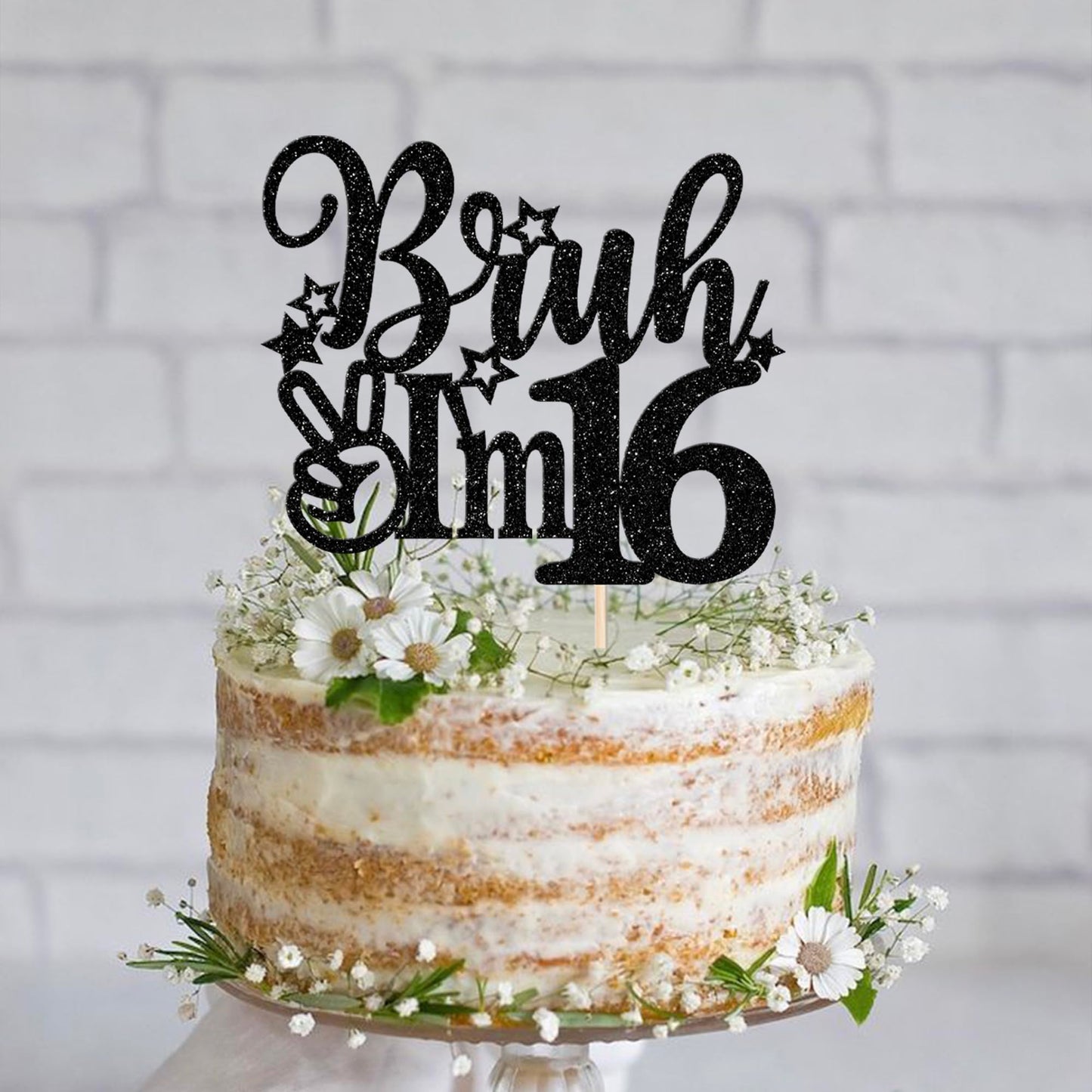 Rssta i Cake Topper Black Star Glitter 16th Birthday Decorations, Model XM1222-16, 1 Pack