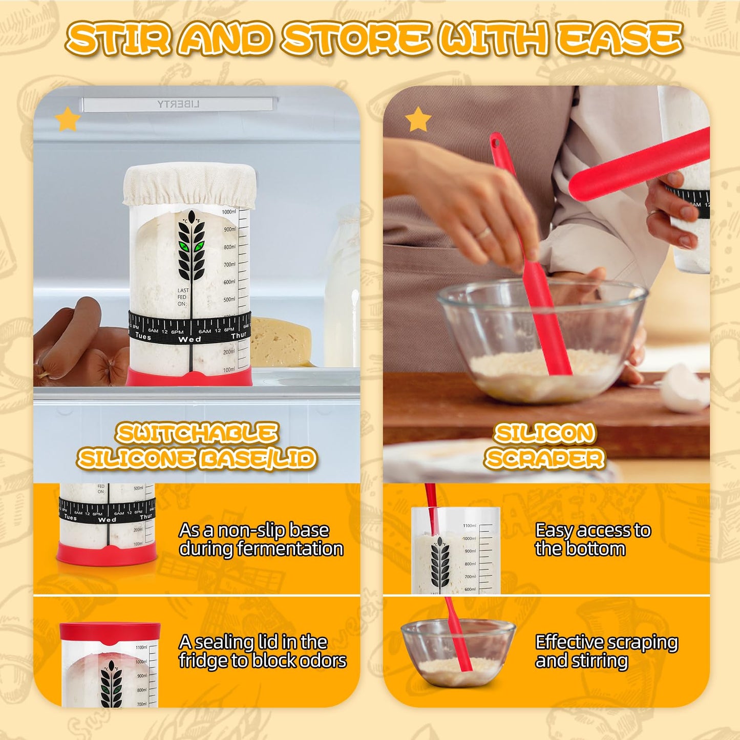 Tanedar Sourdough Starter Jar Kit, 40OZ Glass, 2 Pack with Thermometer Strips & Sc r, Model TD-SSR-Jar