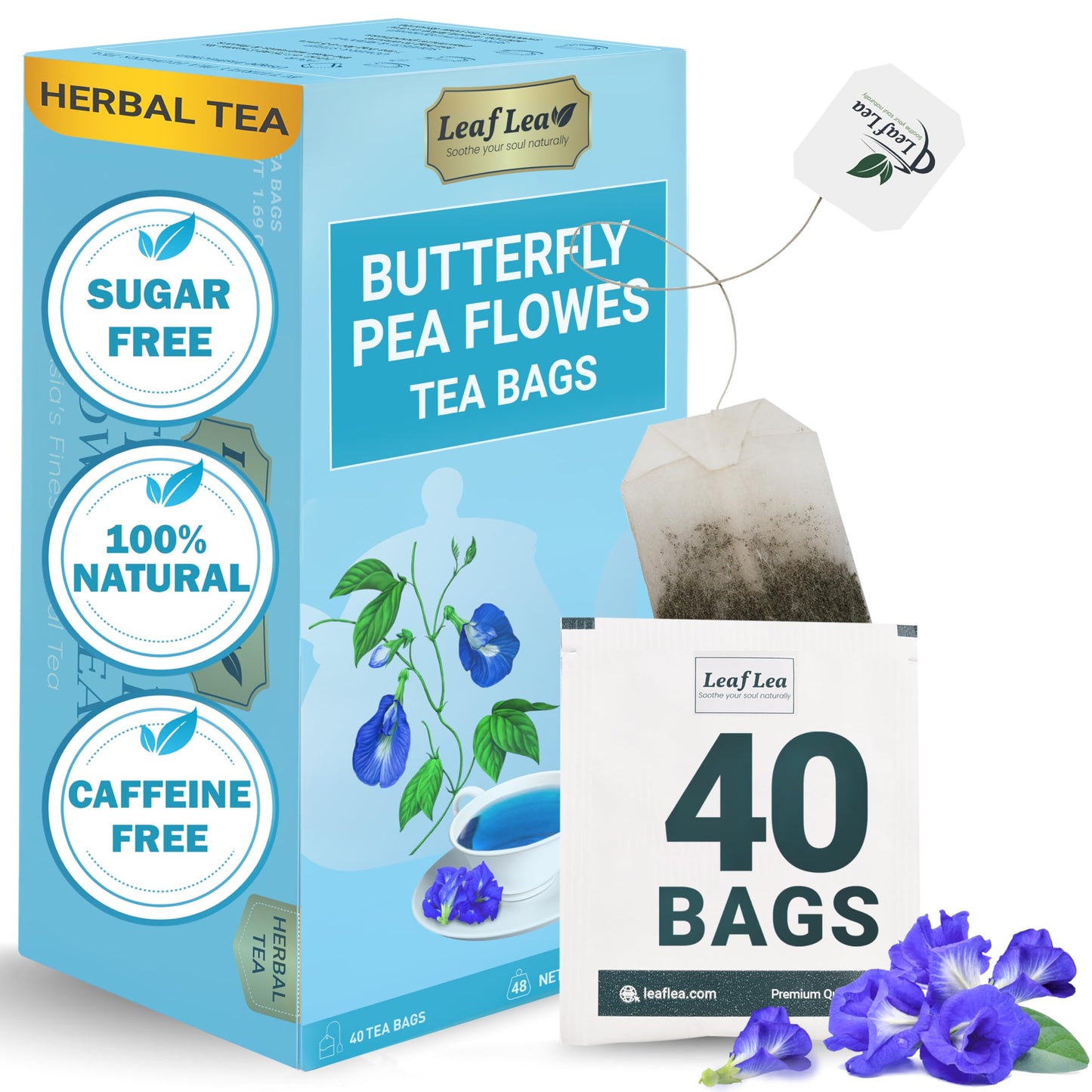 LeafLea Butterfly Pea Flower Tea Bags, Caffeine-Free Herbal Tea, 40 Count