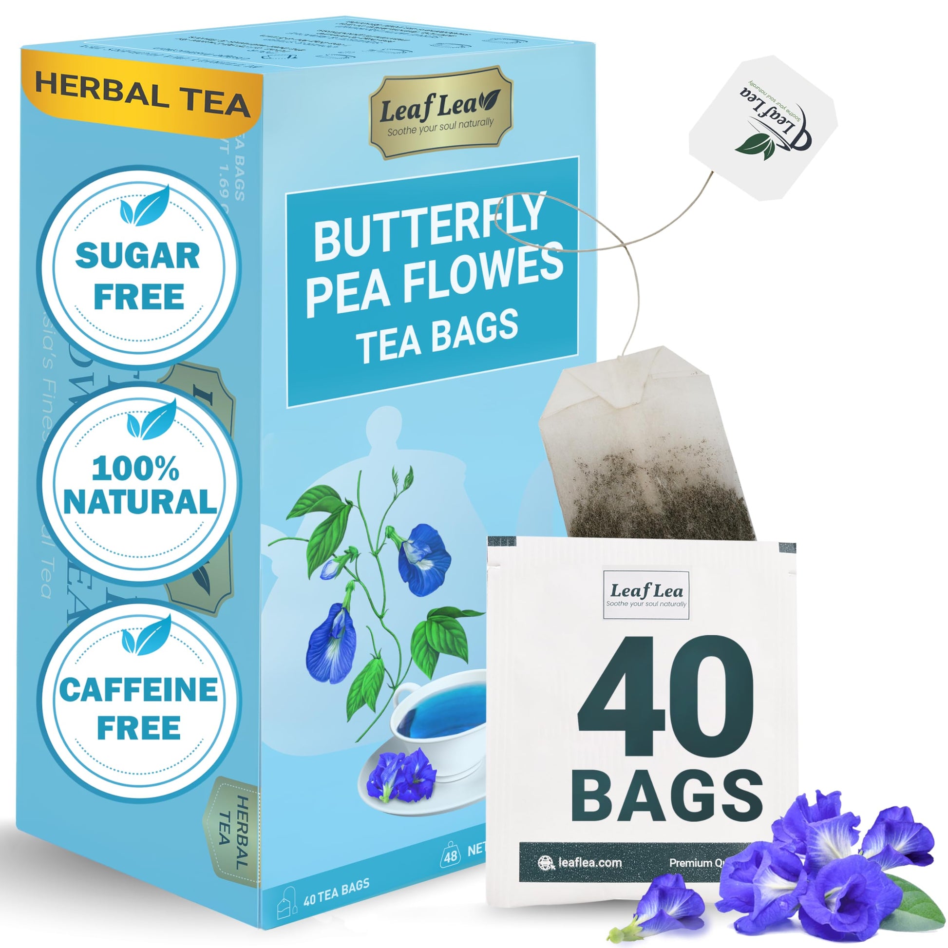 LeafLea Butterfly Pea Flower Tea Bags, Caffeine-Free Herbal Tea, 40 Count