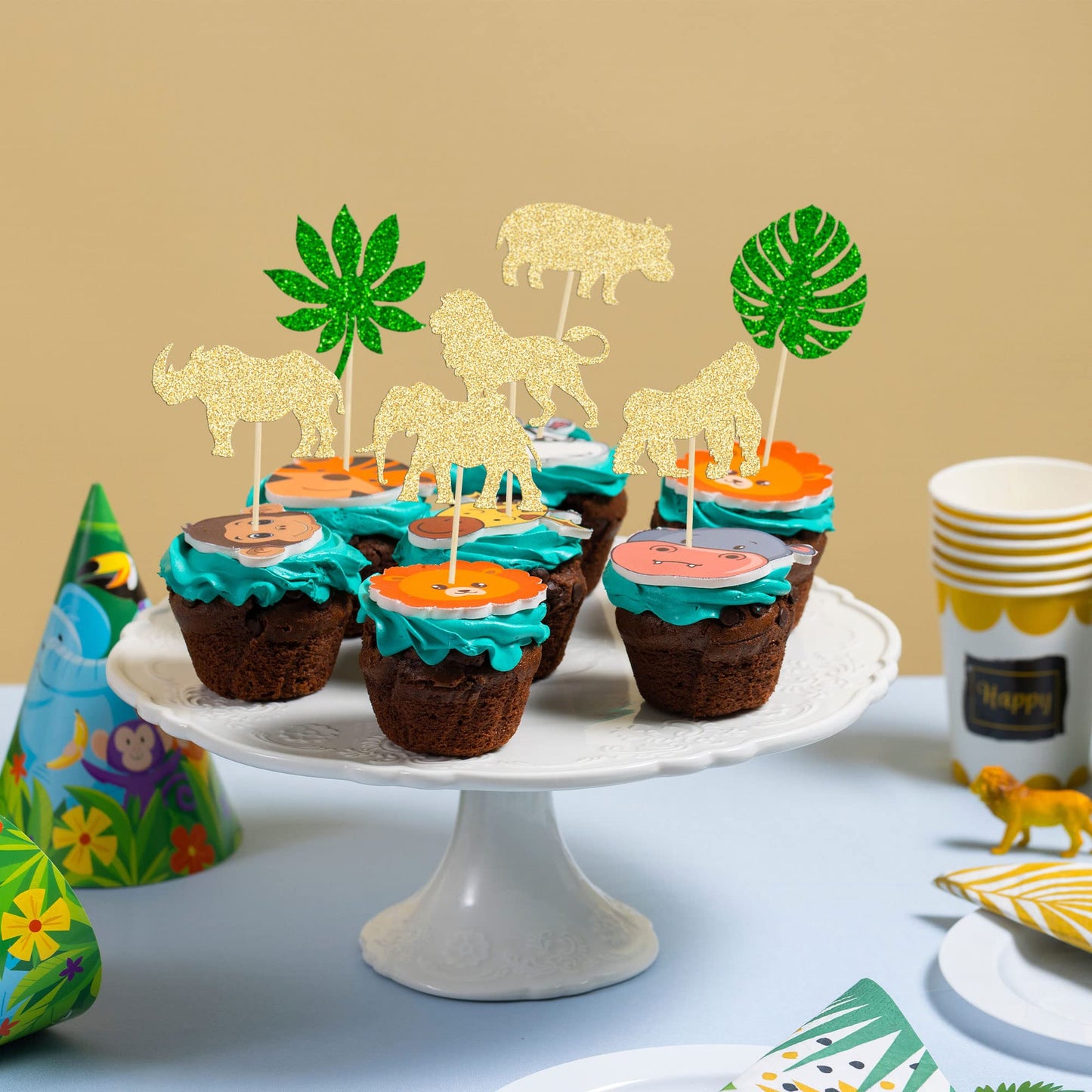 Gyufise 24Pcs Gold Jungle Safari Animal Cupcake Toppers Green Leaf Safari Jungle Wild Animals Cupcake Picks For Jungle Theme Bab