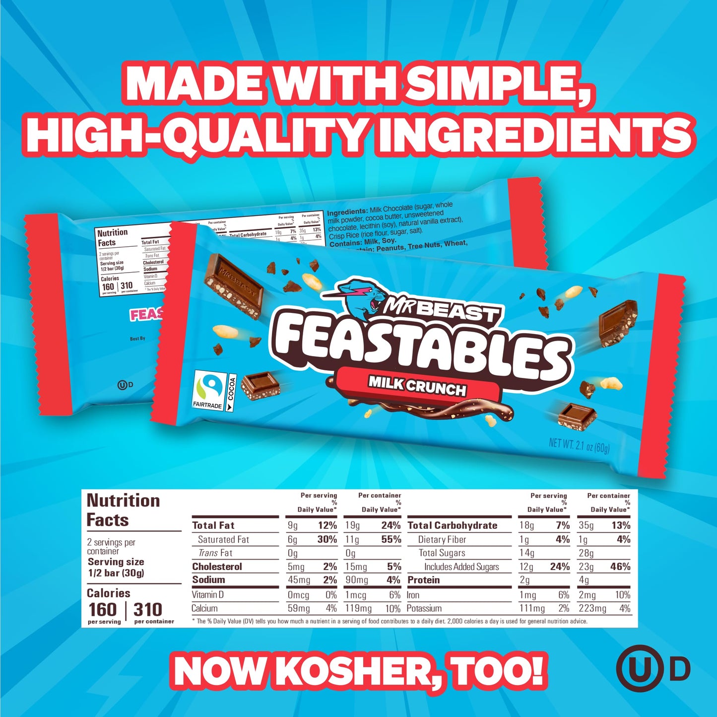 Feastables Mrbeast Combo Pack, King Size Milk Chocolate & Milk Crunch Bars, 10 Each, Candy Bars For Mature-Themeds & Kids, Candy Bar For Snacks, Gifts, Or Dessert, Fairtrade Cocoa, 2.1 Oz Each, 20 Count