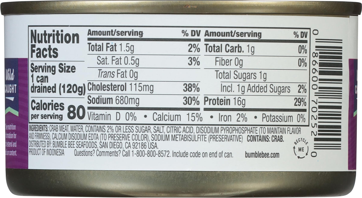 Bumble Bee Lump Crab Meat, 6 Oz Can (Pack Of 12) - 16G Protein & 1G Carb Per Serving - Wild Caught, Small Chunks, Drain Before Use