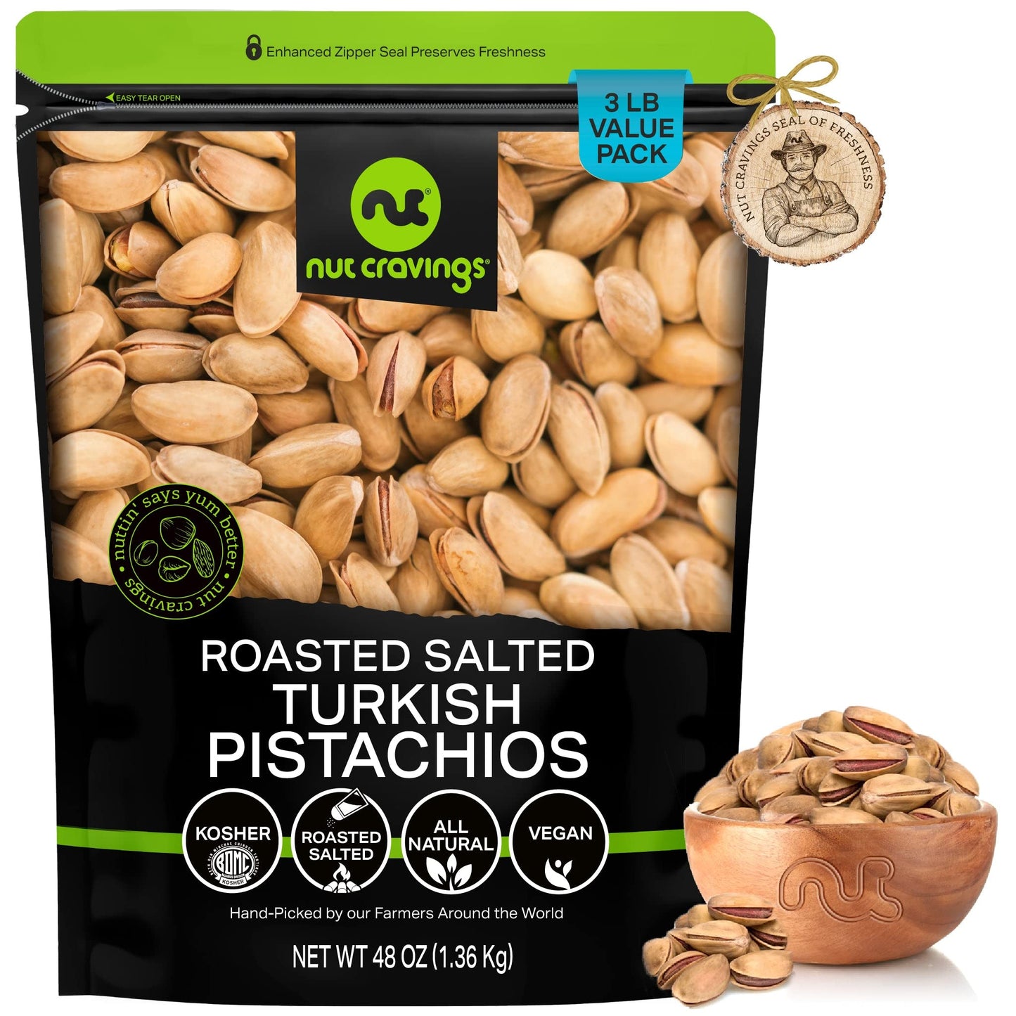 NUT CRAVINGS - Roasted & Lightly Salted Turkish Pistachios Antep (48oz - 3 LB) Packed Fresh in Resealable Bag - Nut Snack - Heal