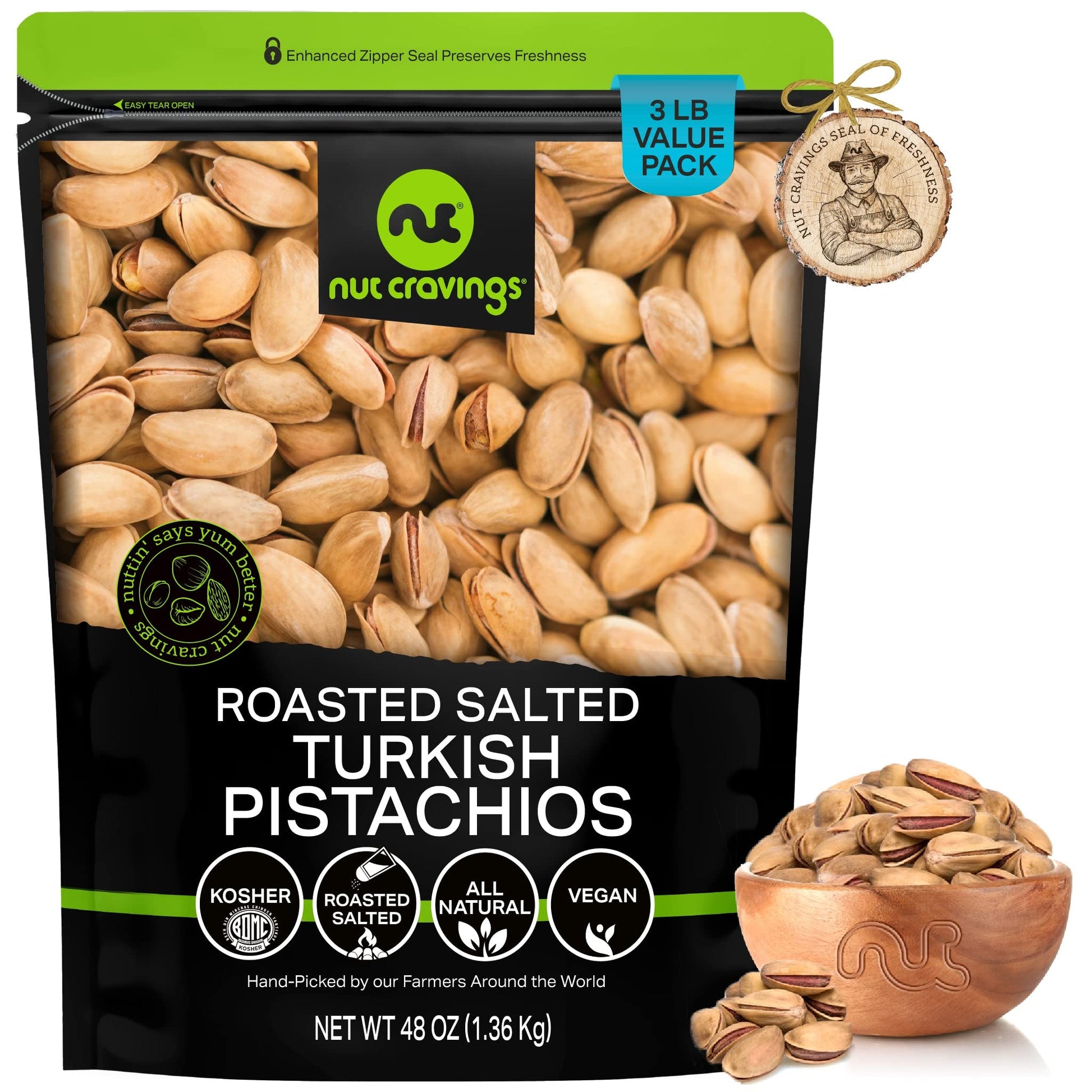 NUT CRAVINGS - Roasted & Lightly Salted Turkish Pistachios Antep (48oz - 3 LB) Packed Fresh in Resealable Bag - Nut Snack - Heal