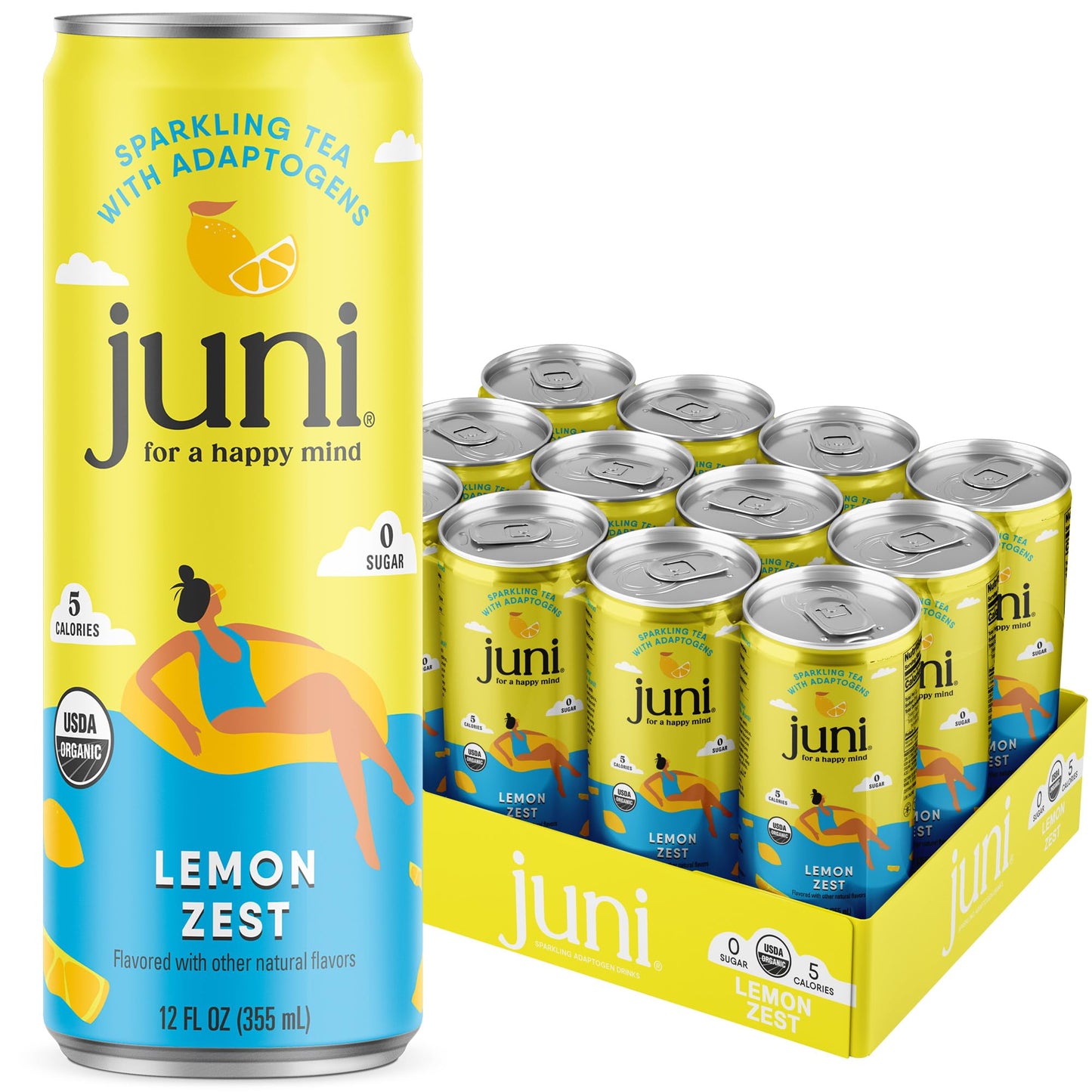 Juni Sparkling Tea with Adaptogens  Lemon Tea  Zero Sugar  5 Calories  Organic  Iced Tea  Natural Caffeine from Green Tea  Vegan  Adaptogen Drink  12 Fl Oz Cans (12-Pack)