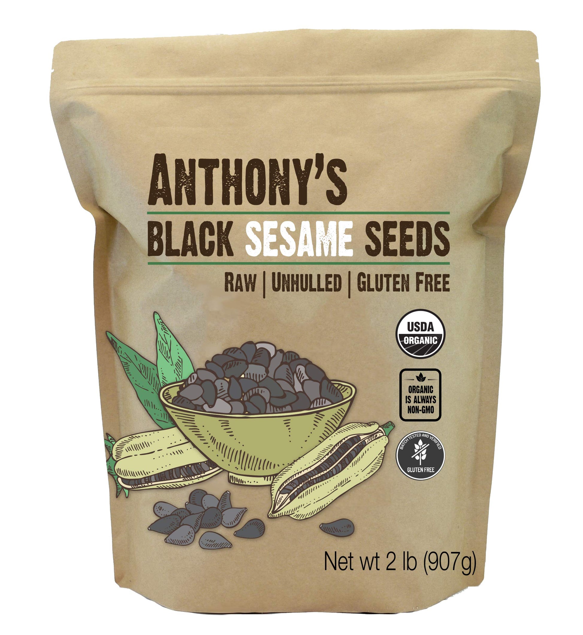 Anthonys Organic Black Sesame Seeds, 2 lb, Raw, Unhulled, Batch Tested & Verified Gluten Free, Keto Friendly