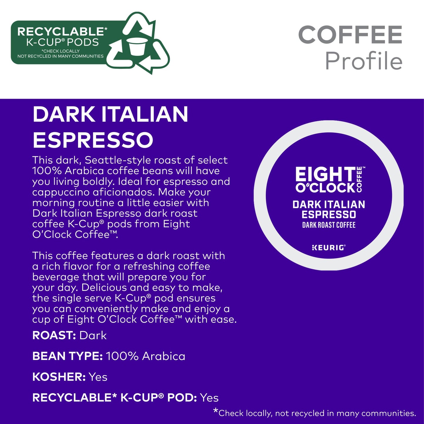 Eight O'Clock Coffee Dark Italian Espresso Coffee, Keurig Single Serve K-Cup Pods, Dark Roast, 32 Count
