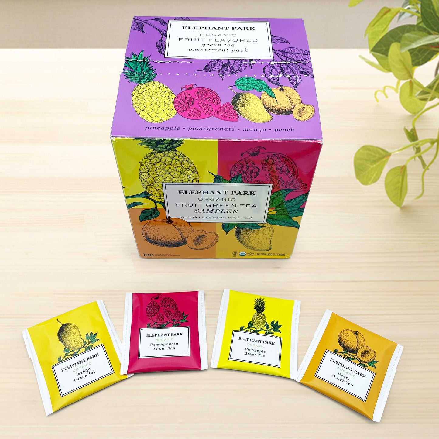 Elephant Park Organic Fruit Green Tea Sampler, 100 Assorted Bags, Caffeinated & Herbal, Pineapple, Pomegranate, Mango, Peach Flavors