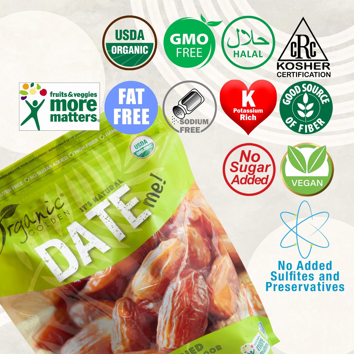 Golden Crown Organic Usda Certified Bag Pitted Healthy Dates, All Natural Sun Dried Deglet Noor, High In Fiber With No Added Sug