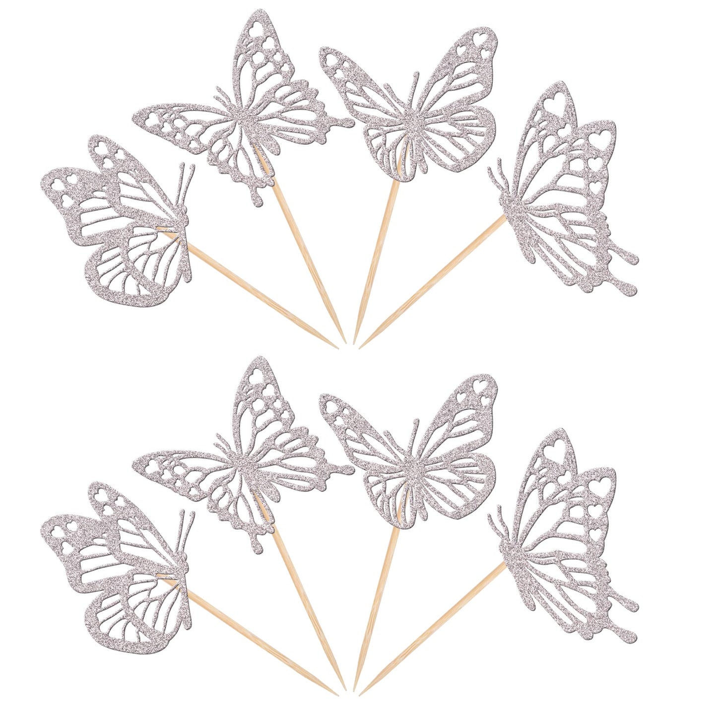 Rssta i Butterfly Cupcake Toppers, 24 Pack, Glitter, Silver, Paper, Model XM248-silver, Baby Shower & Kids Birthday Party Decorations