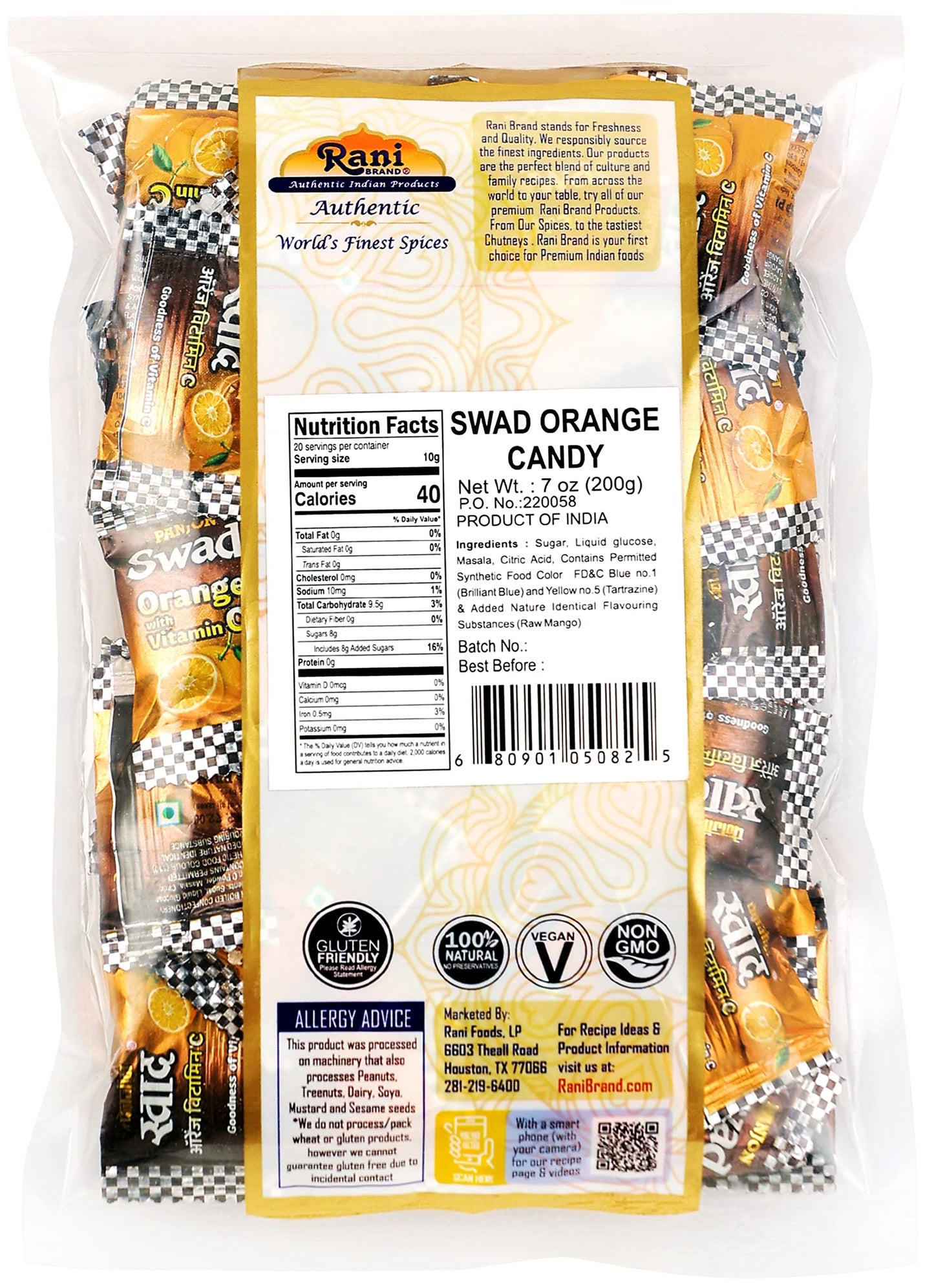 Rani Brand Orange Candy, Vegan, Gluten Friendly, NON-GMO, 7oz (200g), Individually Wrapped, Indian