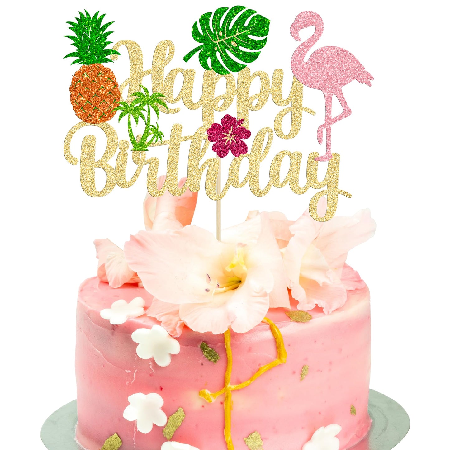 Ephlyn 1Pc Tropical Luau Happy Birthday Cake Topper Glitter Palm Tree Flamingo Pineapple Aloha Cake Pick Decorations For Hawaiia