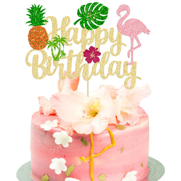Ephlyn 1Pc Tropical Luau Happy Birthday Cake Topper Glitter Palm Tree Flamingo Pineapple Aloha Cake Pick Decorations For Hawaiia