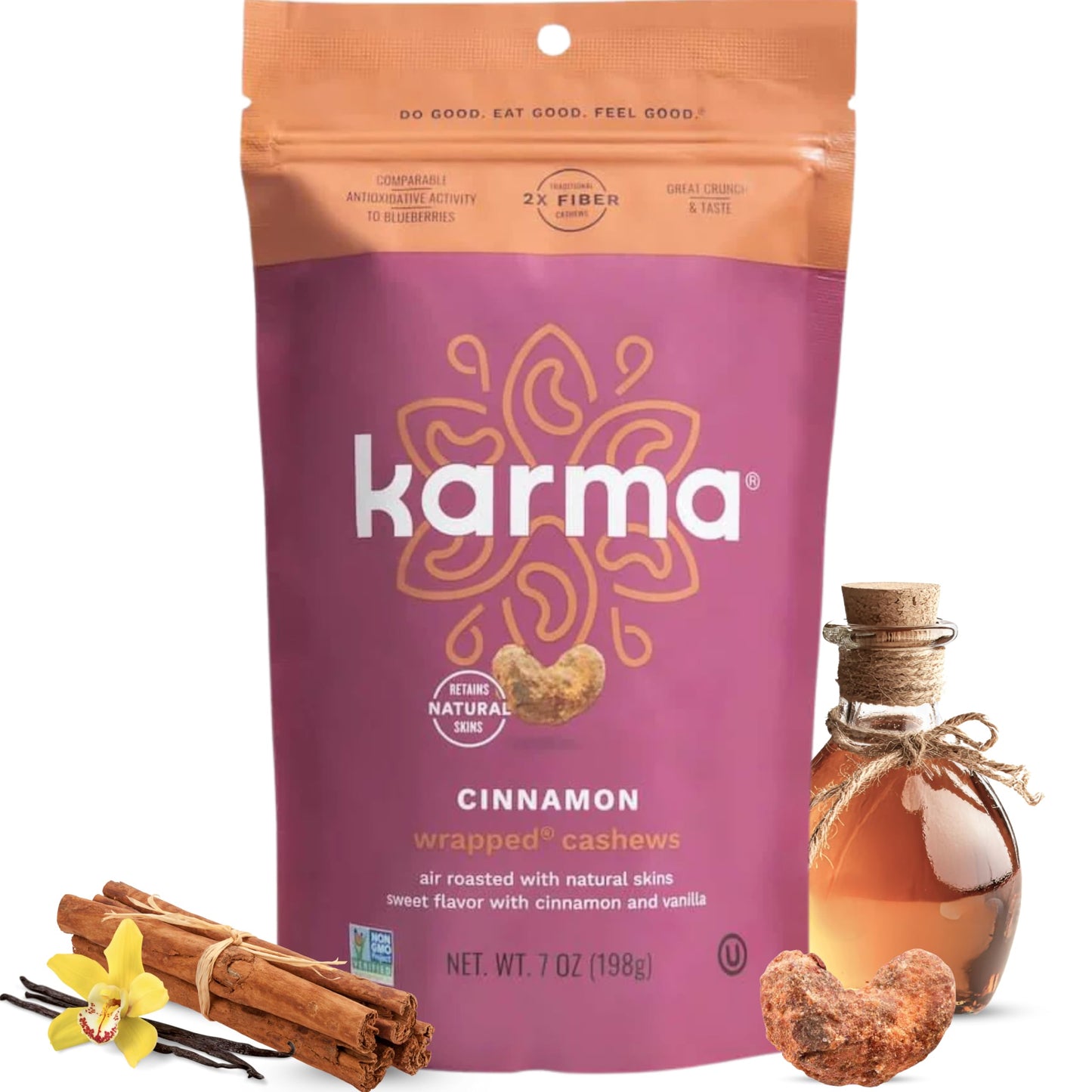 Karma Cinnamon Wrapped Whole Cashews, Sweet & Savory, Air Roasted, 7oz (Pack of 6)