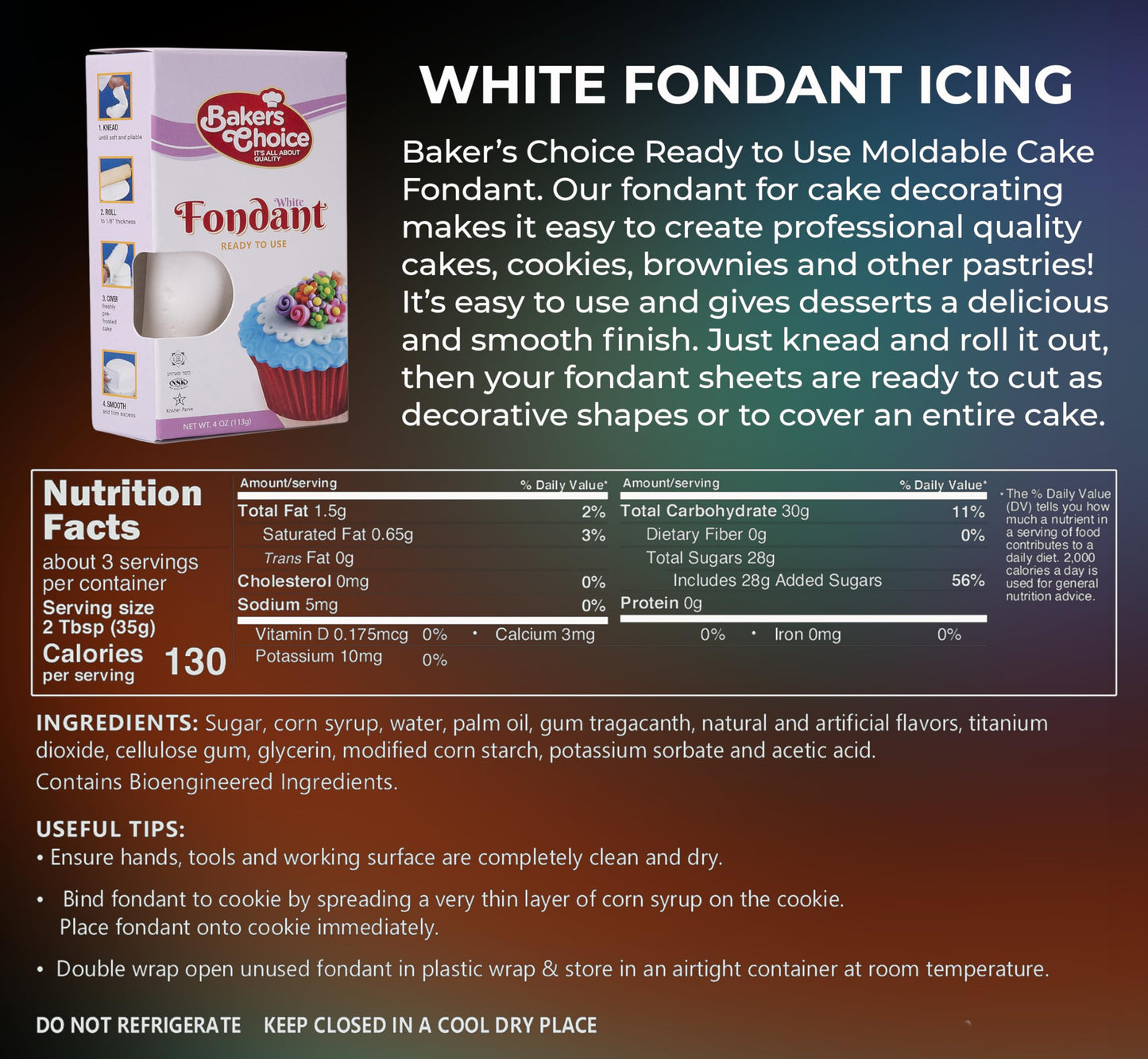 Bakers Choice White Fondant Icing - 4 oz - Easy to Use Cake Decorating Frosting - Dairy Free, Nut Free