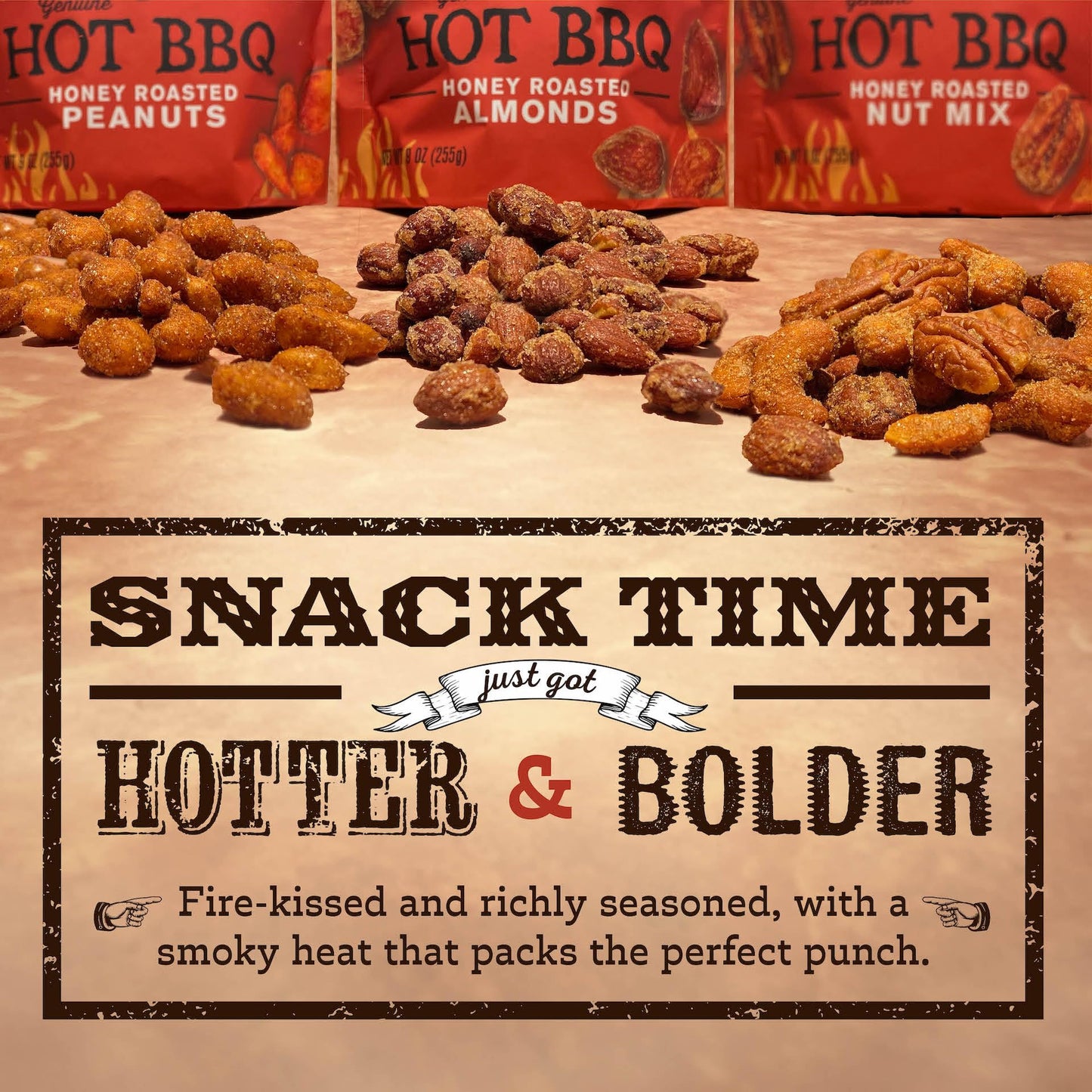 Rufus Teague Hot BBQ Variety Pack – Sweet, Spicy & Smoky Nuts, 9 oz Resealable Pouches, 3 Pack