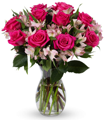 Benchmark Bouquets, Charming Roses & Alstroemeria, Glass Vase Included, Gift Fresh Flowers for Birthday, Anniversary, Get Well, 