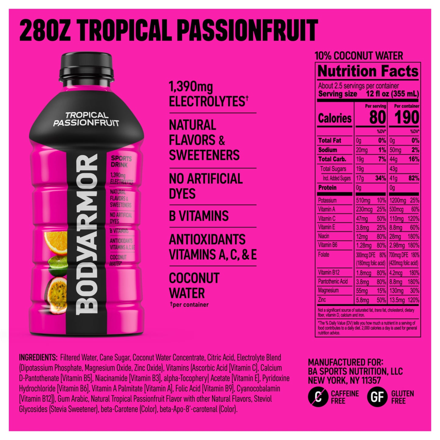 BODYARMOR Sports Drink, Tropical Passionfruit, Electrolyte Hydration, 28 Fl Oz (15 Pack) with B Vitamins & Antioxidants