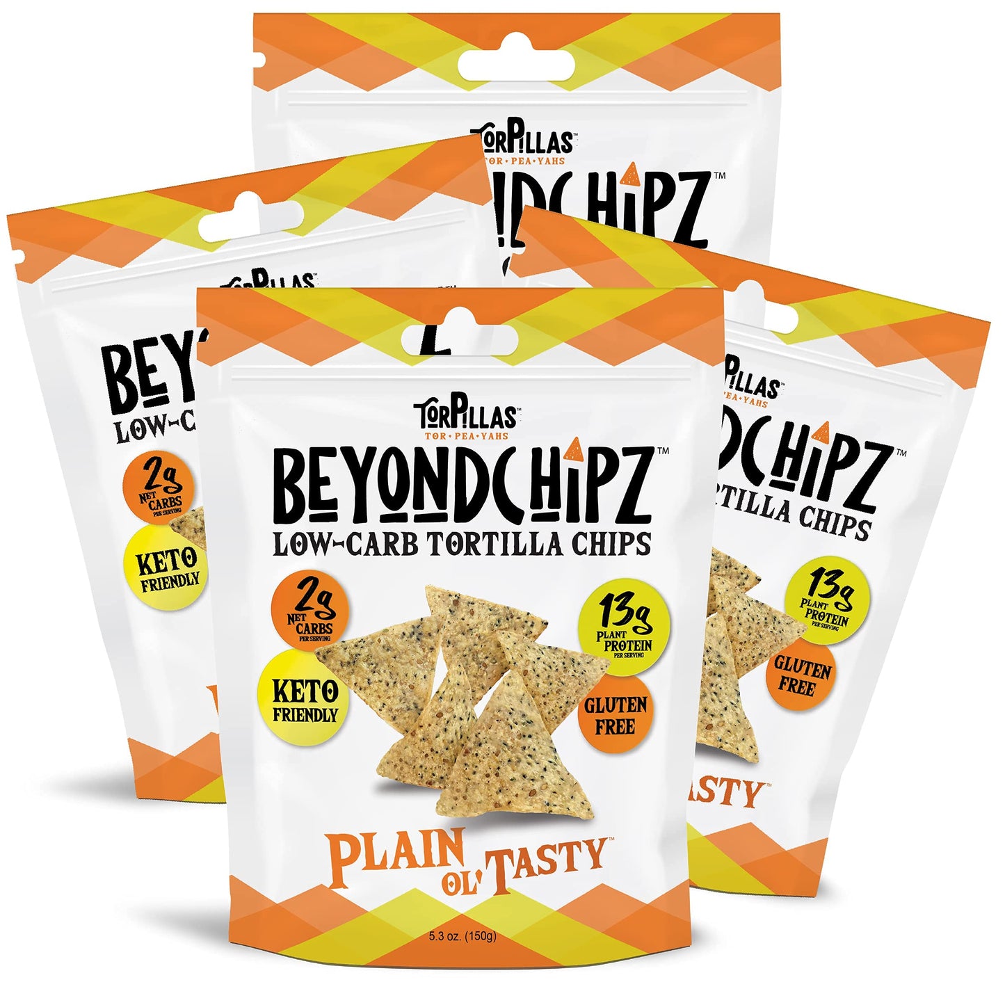 Beyondchipz Low Carb Tortilla Chips, Plain Ol' Tasty, Keto Friendly, Gluten Free, 5.3Oz Bag, Pack Of 4