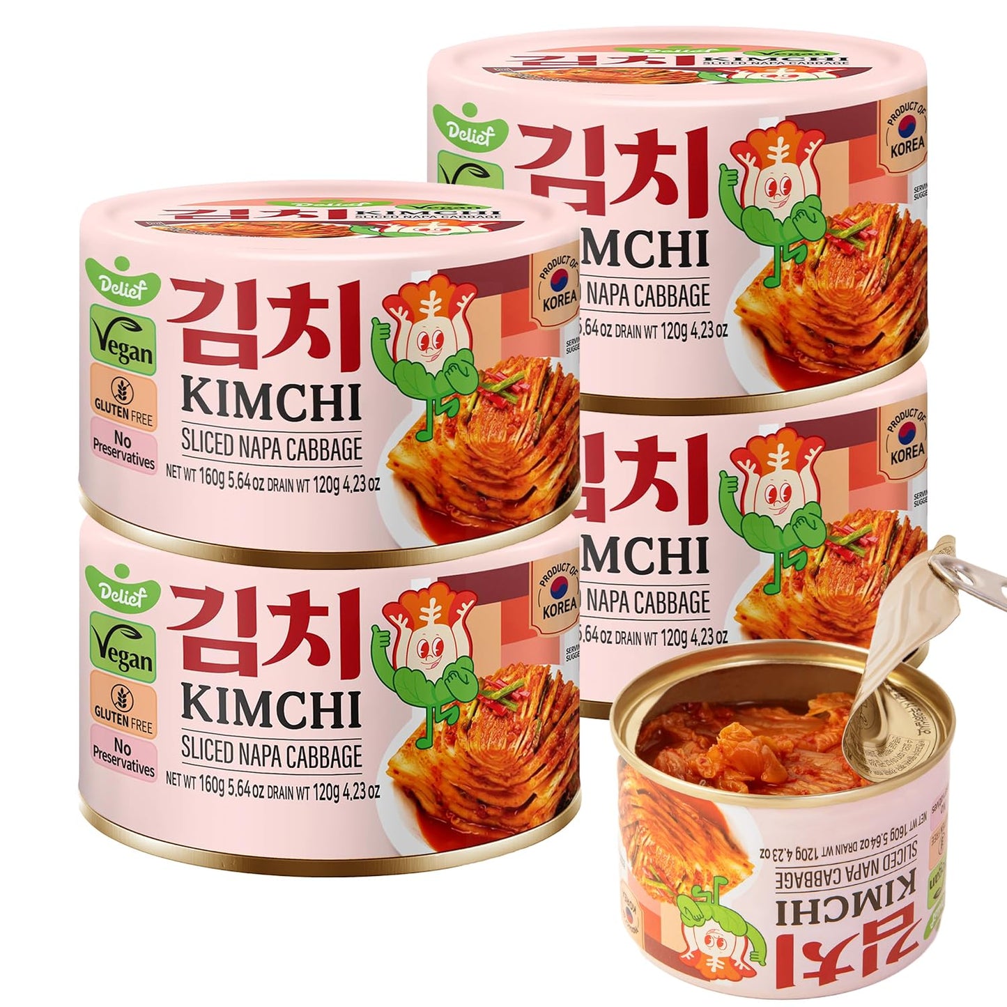 DELIEF Sliced Spicy Kimchi - Authentic Korean Napa Cabbage, Vegan, Gluten-Free, Shelf-Stable Canned, No Preservatives, 5.64 oz/1