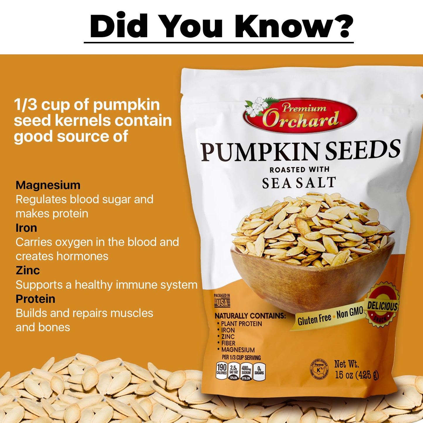 Roasted Pumpkin Seeds To Eat In Shell By Premium Orchards Mixed Nuts - Salted With Sea Salt - Non-Gmo Vegan Fresh Healthy Snacks/ - Great Source Of Plant Protein, Zinc, Magnesium & Iron - 1 Bag