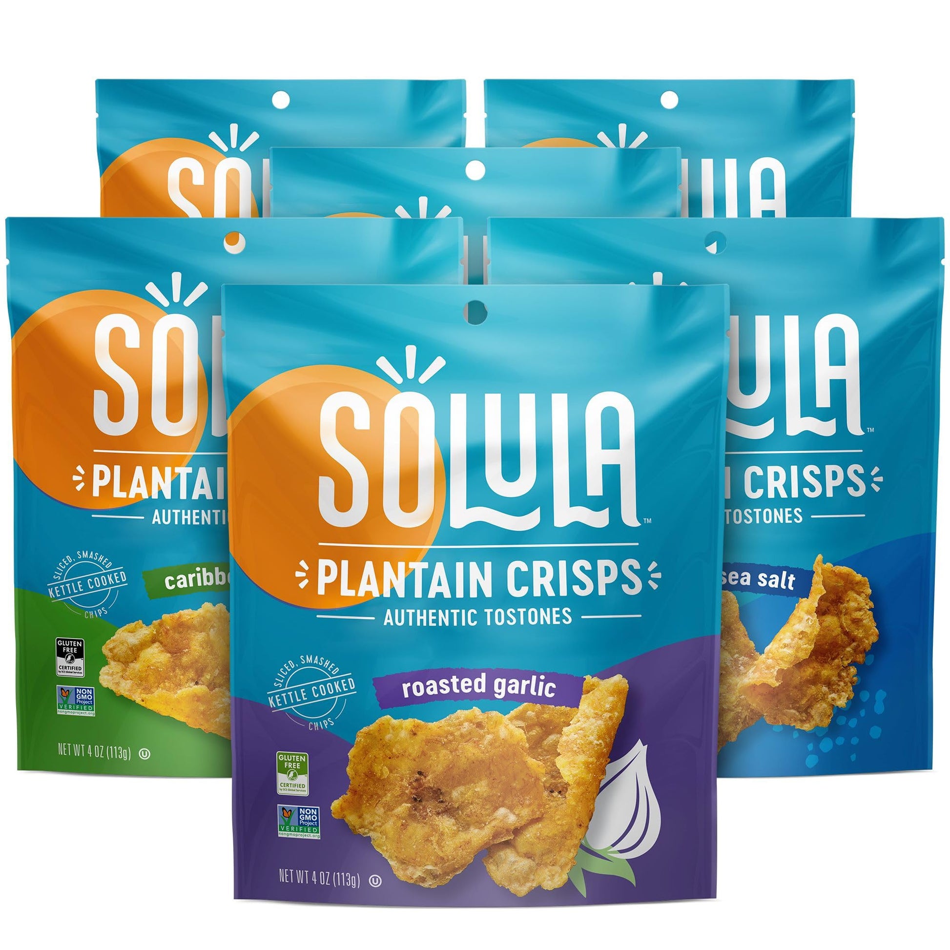 Solula Plantain Crisps Authentic Tostones, Variety Pack, 4 Ounce (Pack of 6), Pacific Sea Salt, Roasted Garlic and Caribbean Lim