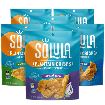 Solula Plantain Crisps Authentic Tostones, Variety Pack, 4 Ounce (Pack of 6), Pacific Sea Salt, Roasted Garlic and Caribbean Lim