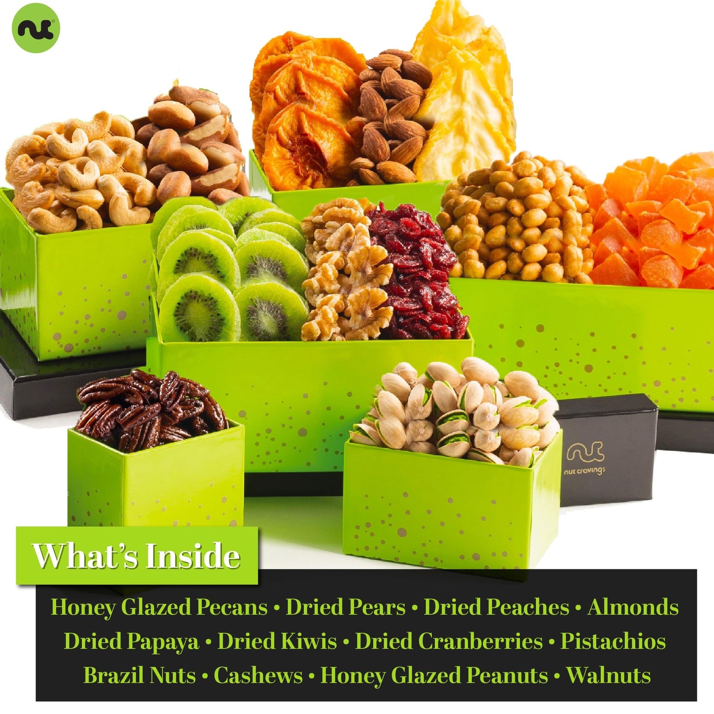 Nut Cravings Gourmet Collection - Rosh Hashana & Shana Tova Dried Fruit & Mixed Nuts Gift Basket Green Tower + Ribbon (12 Assort