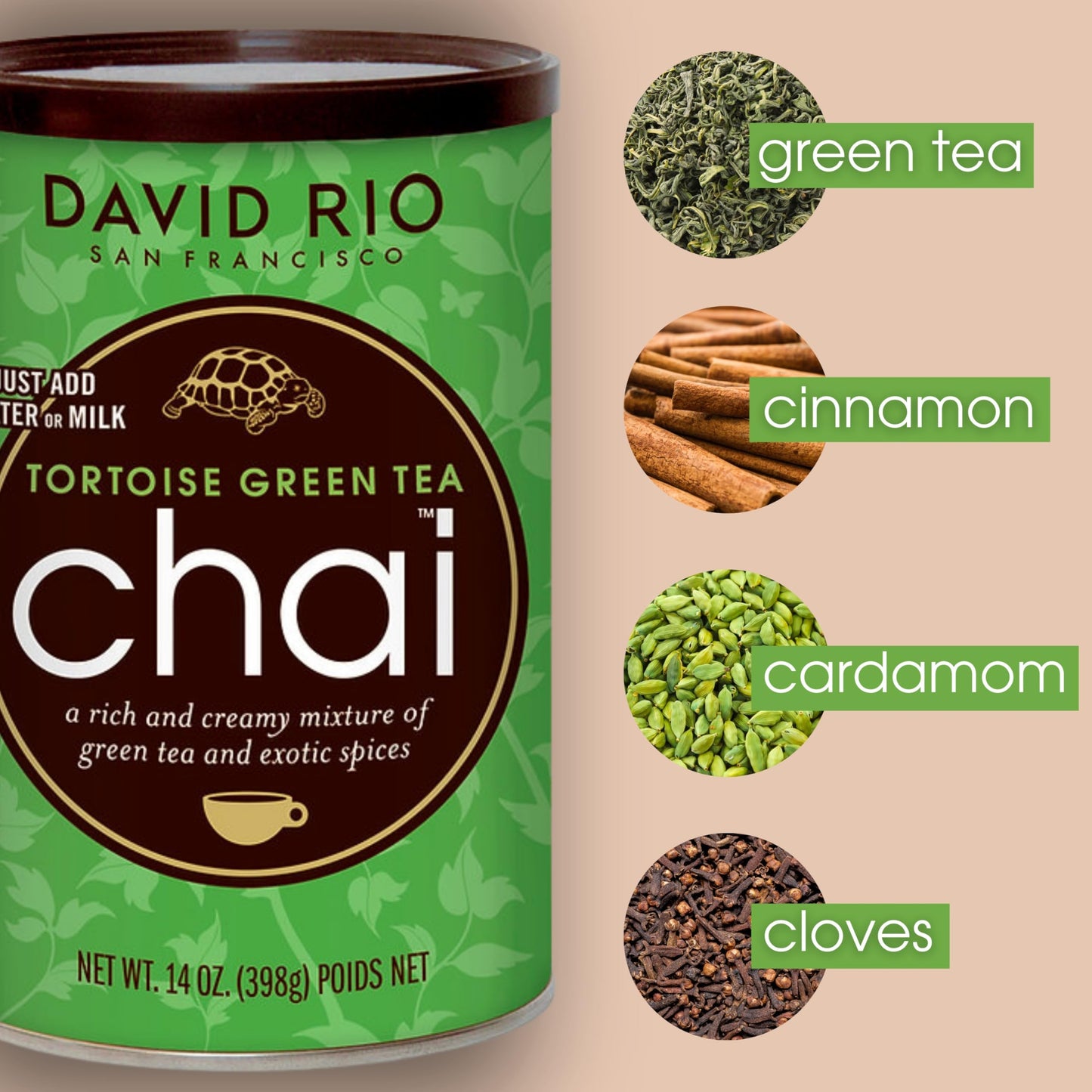 Tortoise Green Tea Chai Tea Latte Mix, 14 Oz, Green Tea, Organic Spices, Dairy Free, Serve Hot Or Cold, Just Add Water Or Milk,