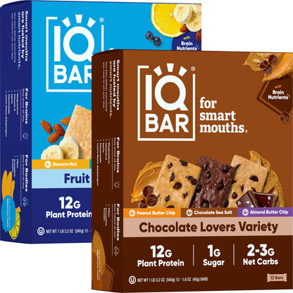 IQBAR Brain and Body Plant Protein Bars - Chocolate & Fruit Variety - 24 Count, Low Carb, High Fiber, Gluten Free, Vegan Snacks 