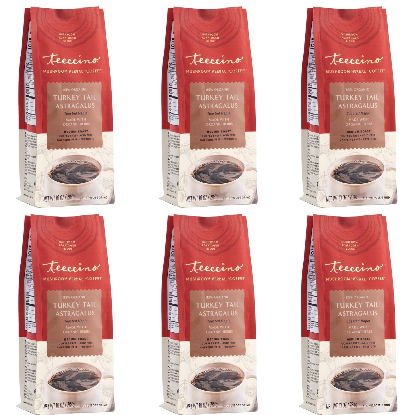 Teeccino Turkey Tail Coffee Alternative, Toasted Maple, Medium Roast, Caffeine Free, 10 Oz, Pack of 6